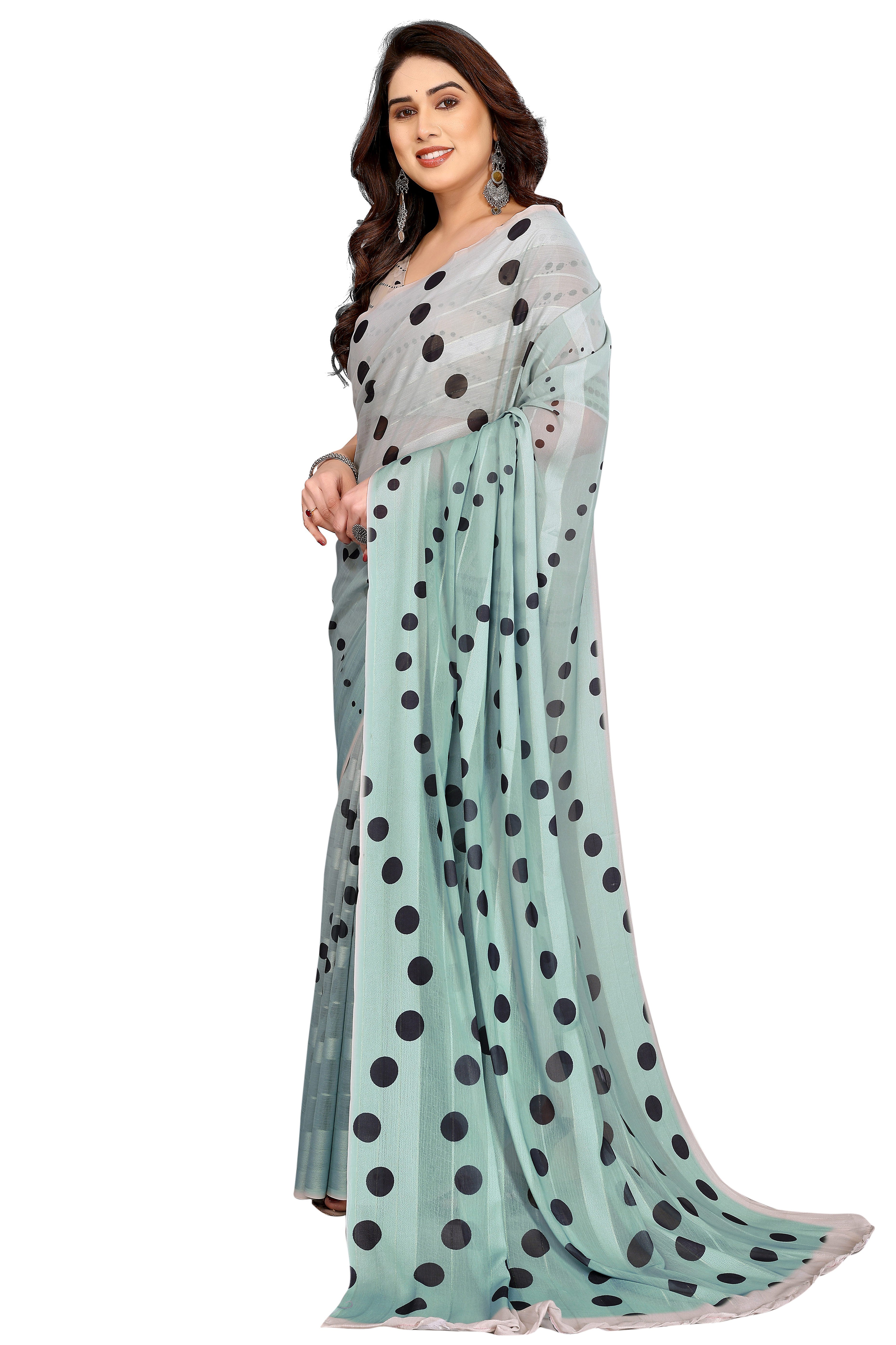 Premium Mint Green Polka Digital Printed Georgette Saree Featuring Delicate Zari & Bright Striped