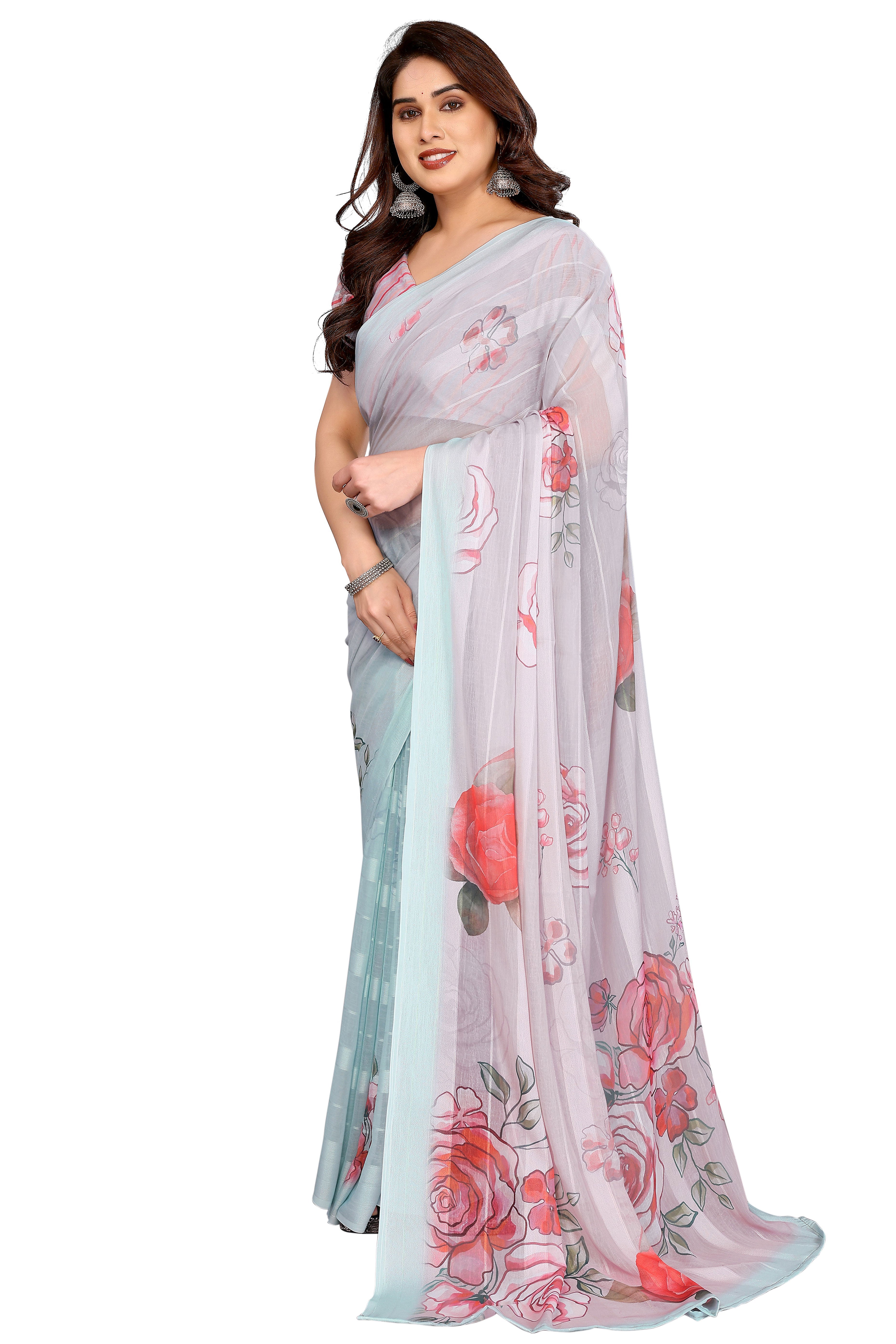 Premium Light Turquoise Floral Digital Printed Georgette Saree With Delicate Zari & Bright Striped
