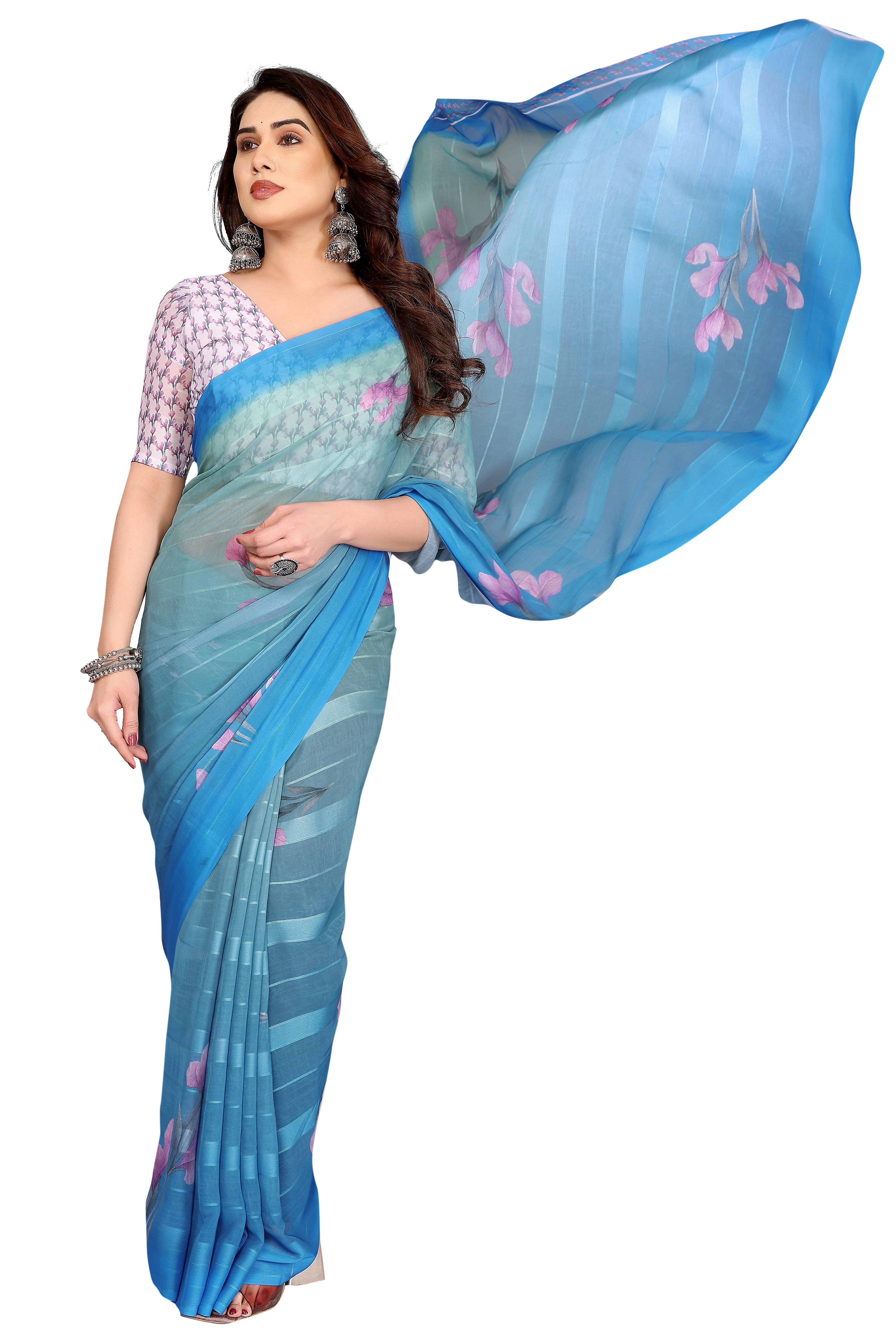 Luxury Blue Floral Digital Print Georgette Saree With Subtle Zari Highlights & Vibrant Striped