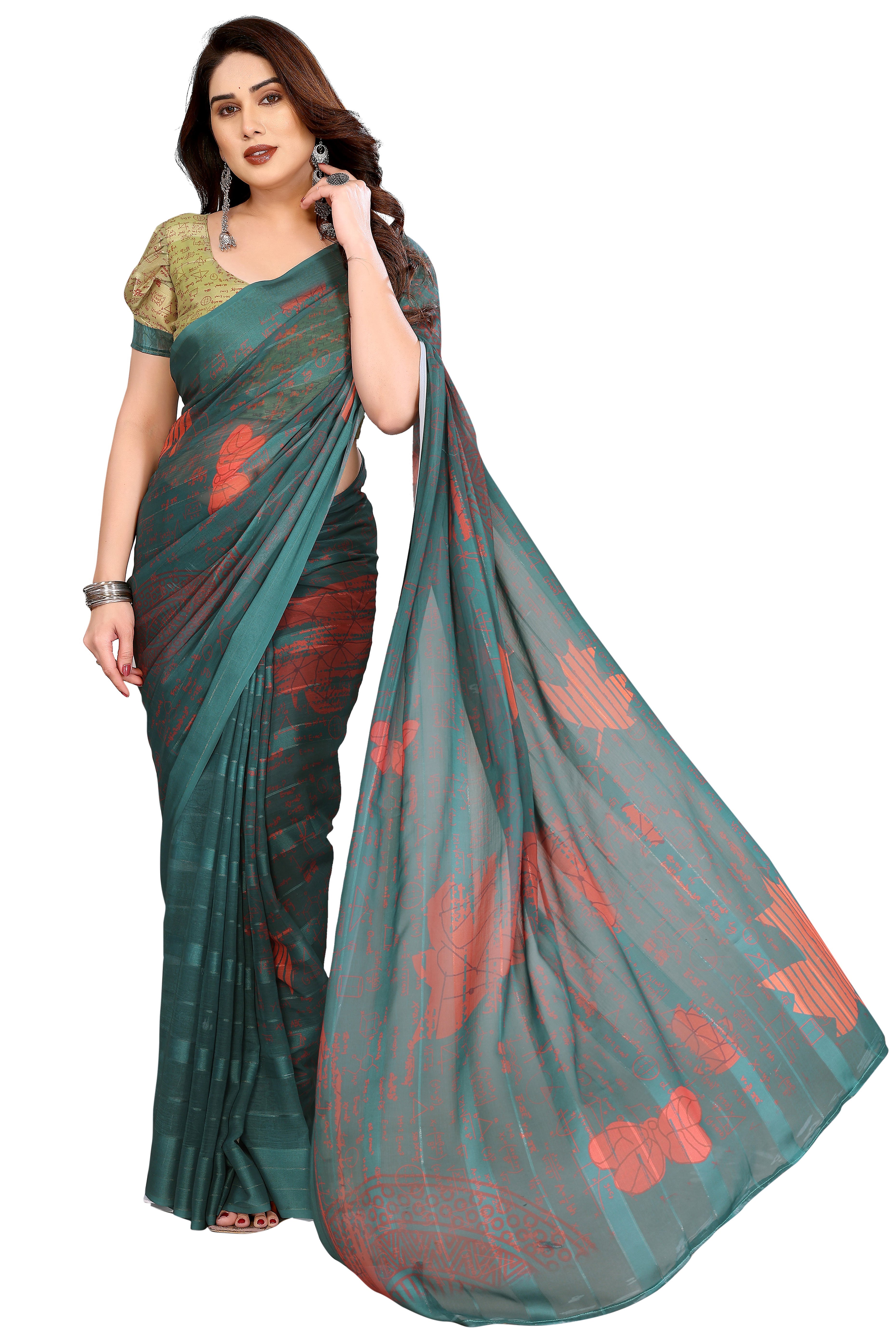 Luxury Green Digital Print Georgette Saree With Subtle Zari Highlights & Vibrant Striped