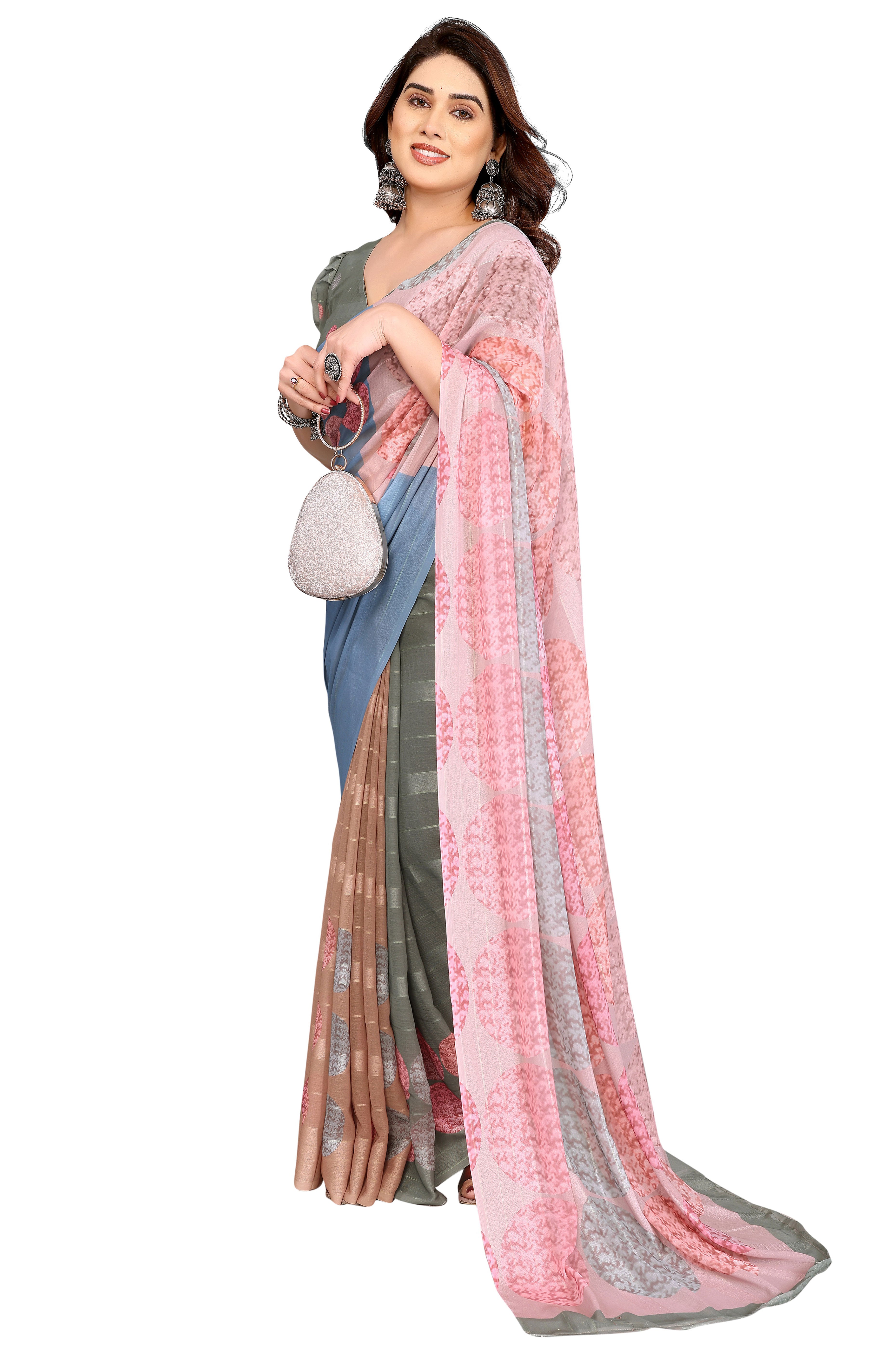 Luxury Multicolor Digital Print Georgette Saree With Subtle Zari Highlights & Vibrant Striped