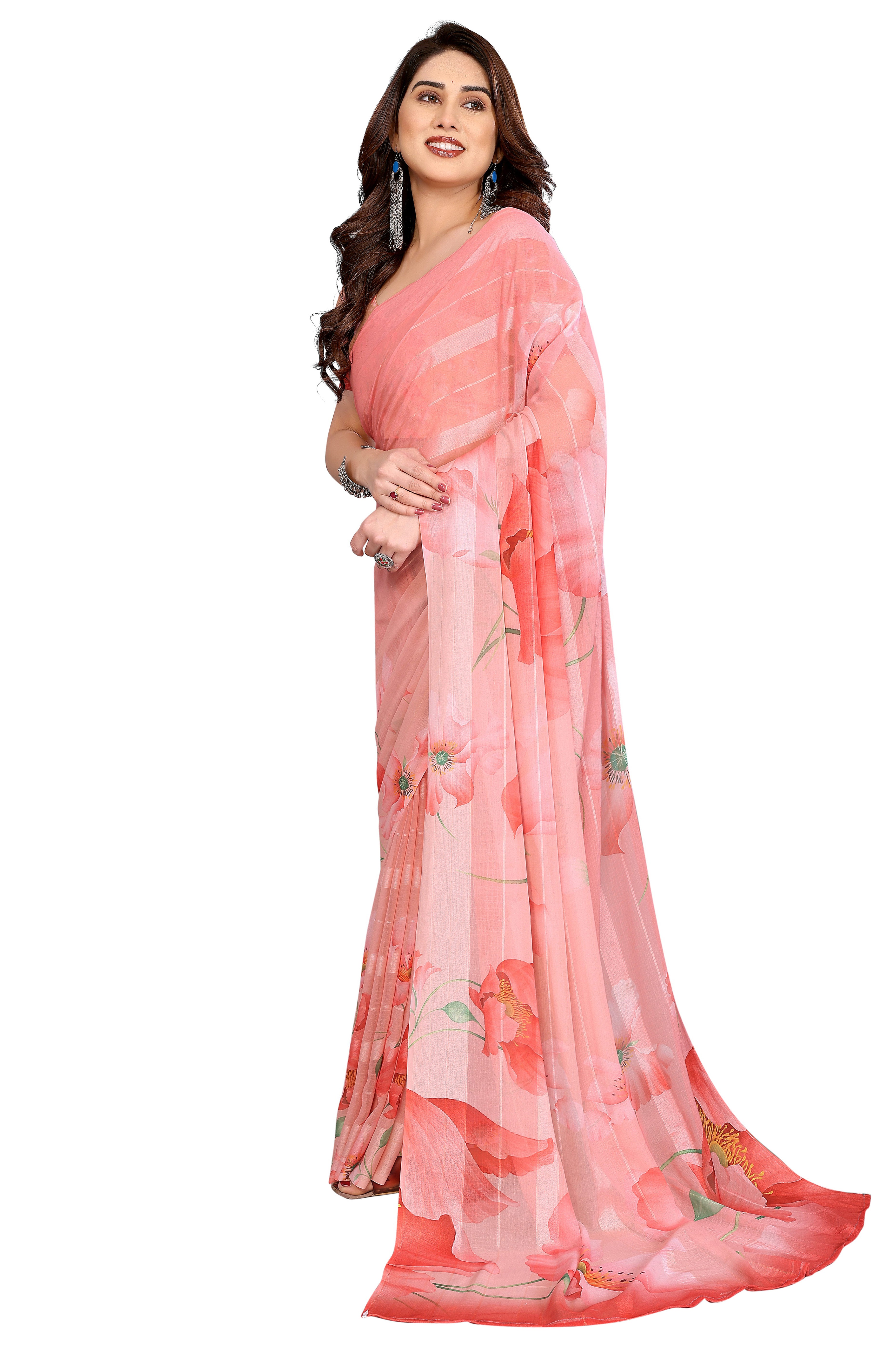 Luxury Peach Floral Digital Print Georgette Saree With Subtle Zari Highlights & Vibrant Striped