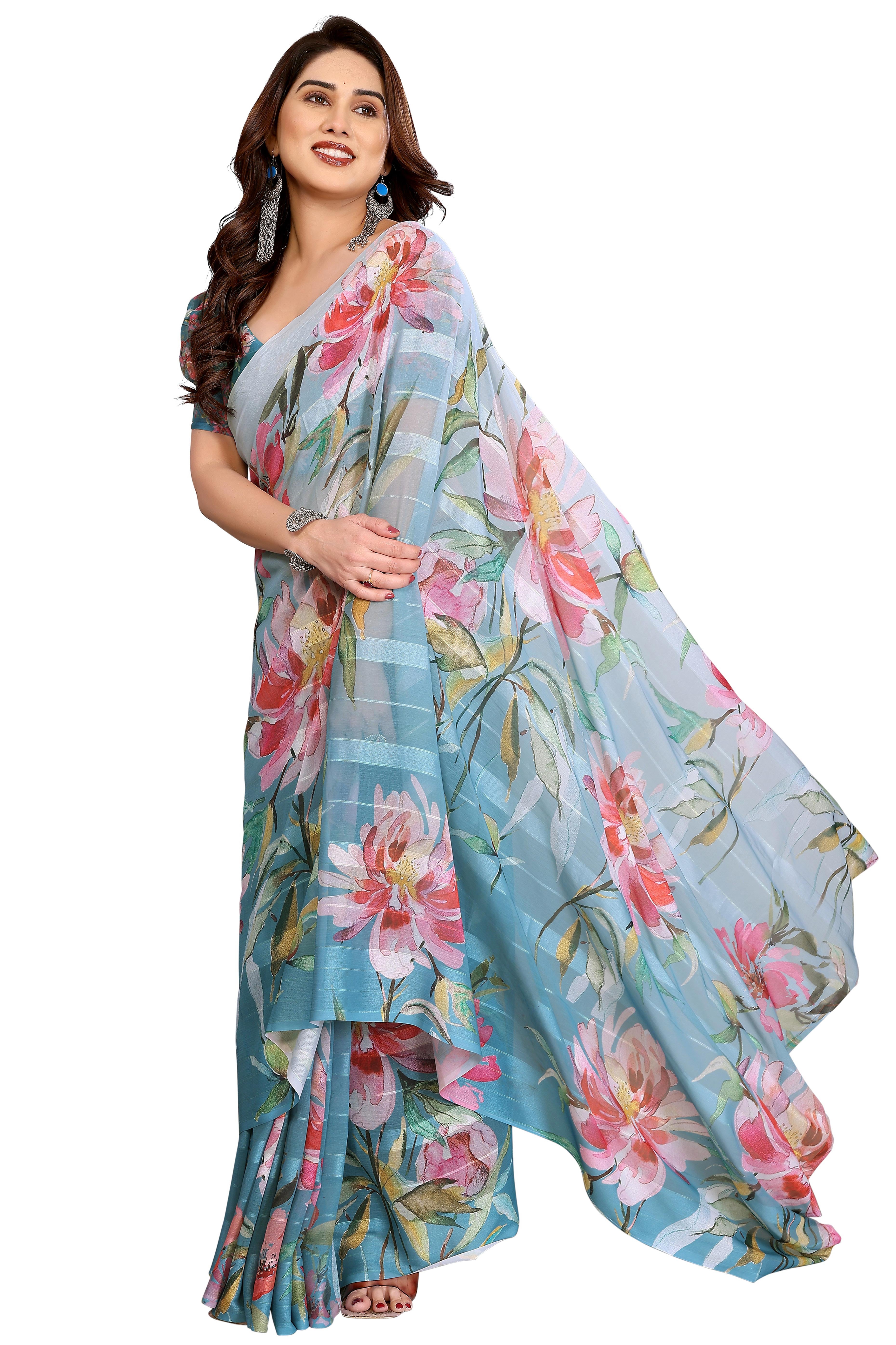 Luxury Blue Floral Digital Print Georgette Saree With Subtle Zari Highlights & Vibrant Striped