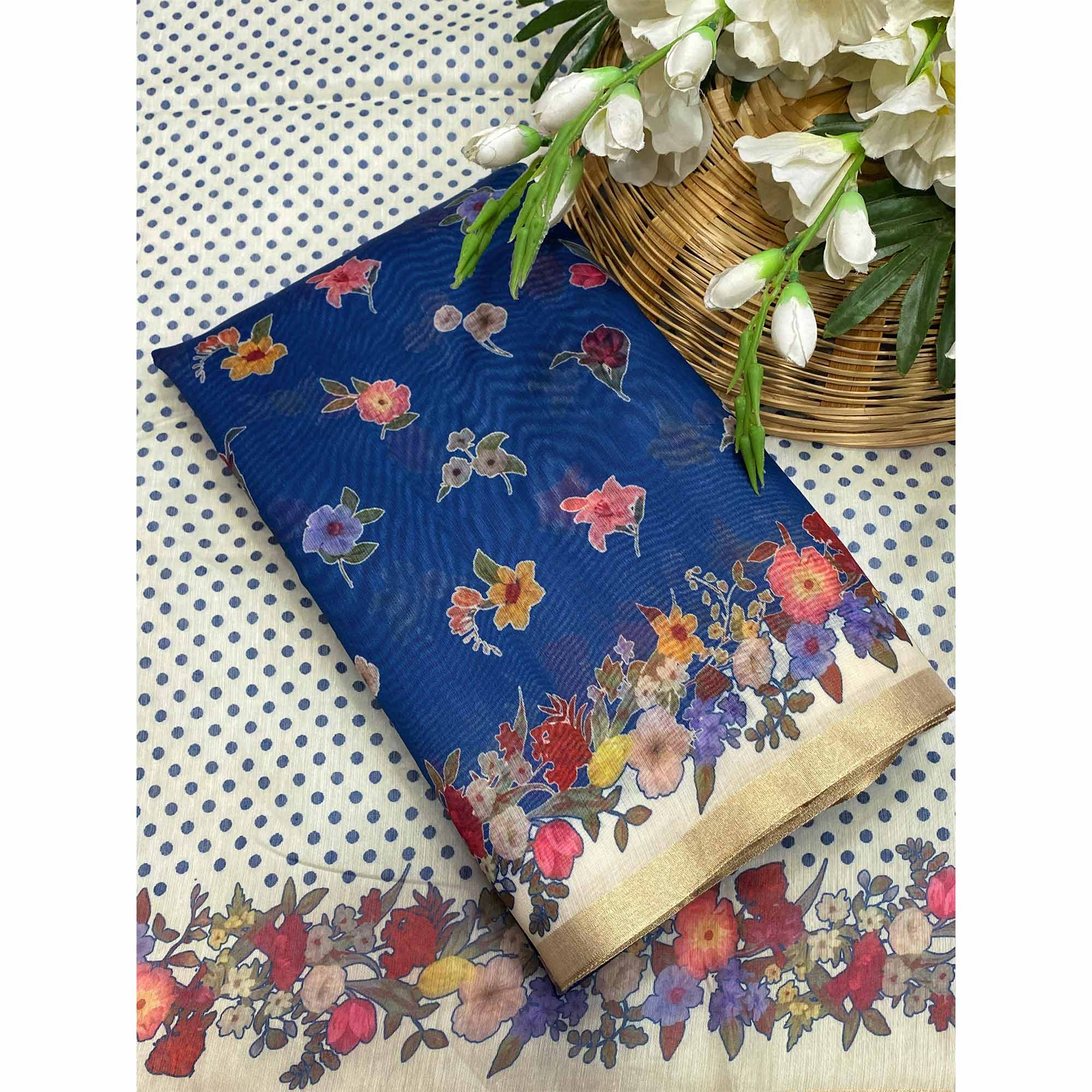 Blue Floral Digital Print Chanderi Cotton Saree Enhanced With Charming Zari Weaving Border