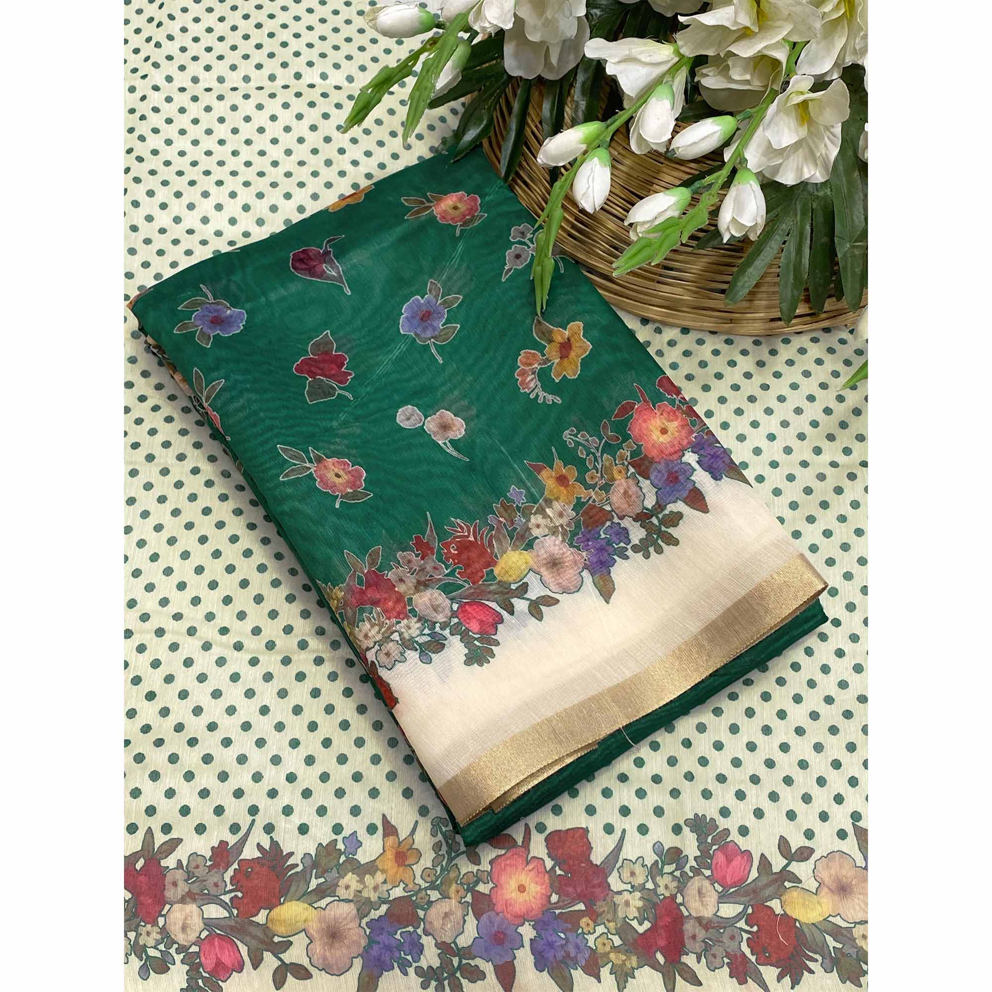 Green Floral Digital Print Chanderi Cotton Saree Enhanced With Charming Zari Weaving Border