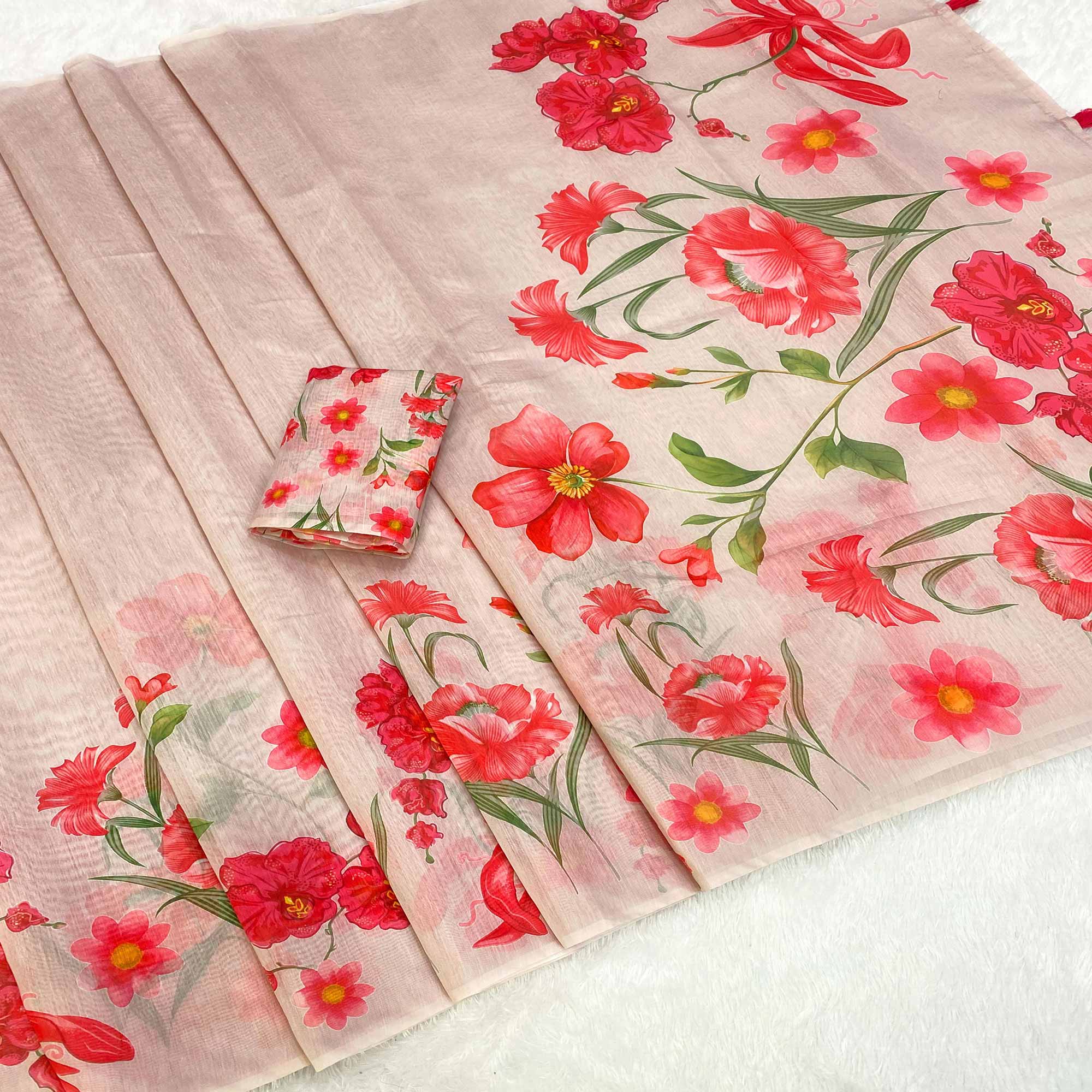 Baby Pink Chanderi Cotton Saree Featuring Digital Floral Prints & Decorative Tassel Pallu