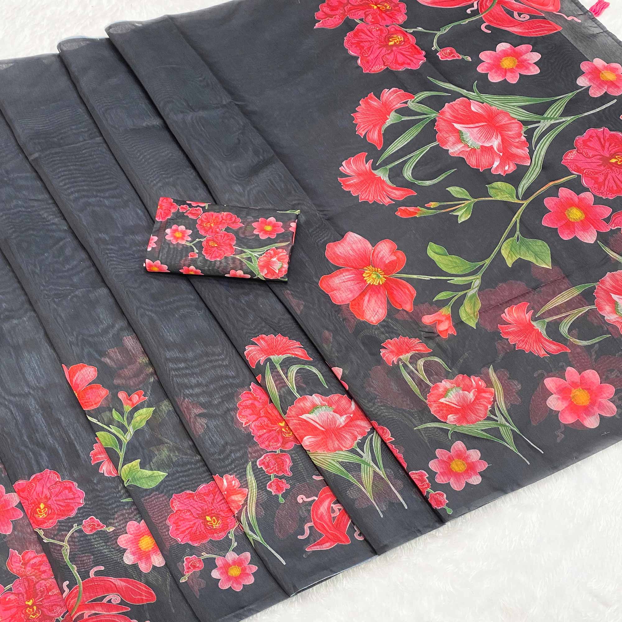 Black Chanderi Cotton Saree Featuring Digital Floral Prints & Decorative Tassel Pallu