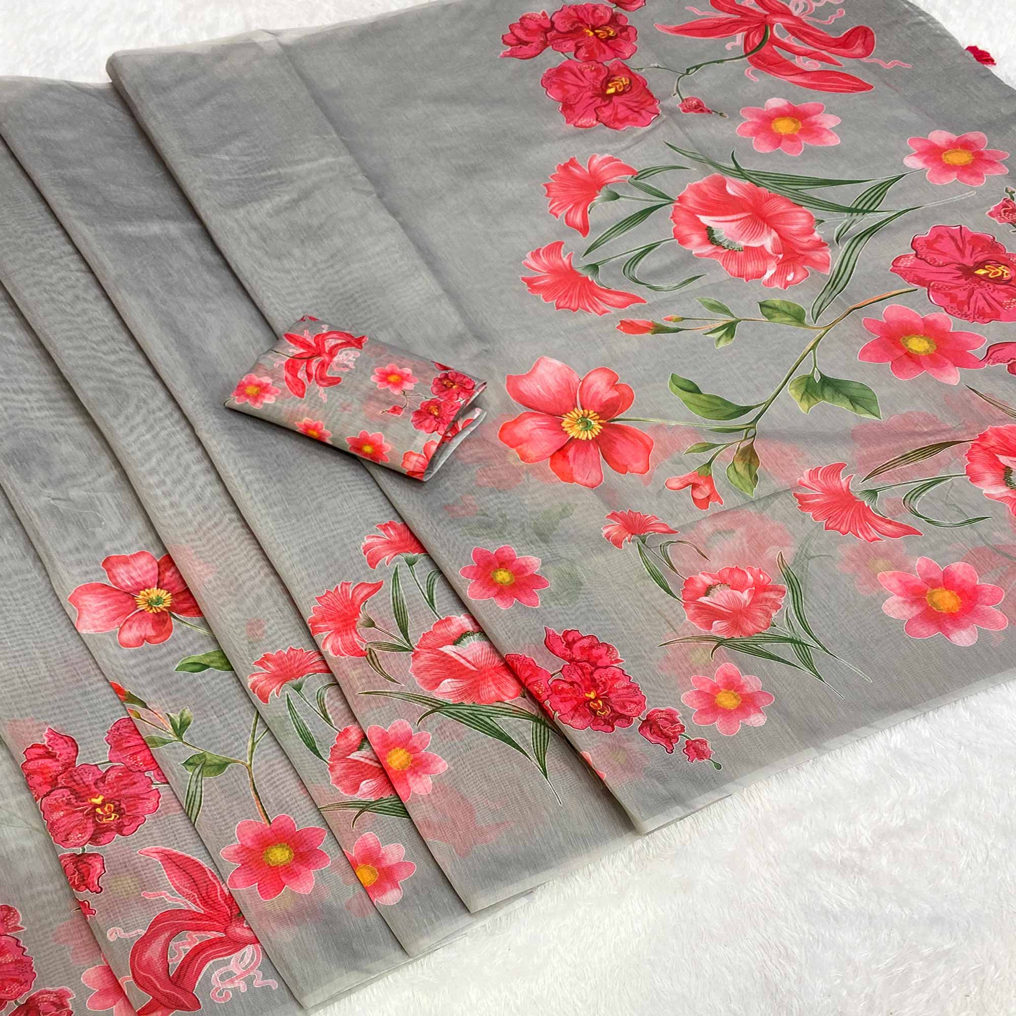 Grey Chanderi Cotton Saree Featuring Digital Floral Prints & Decorative Tassel Pallu