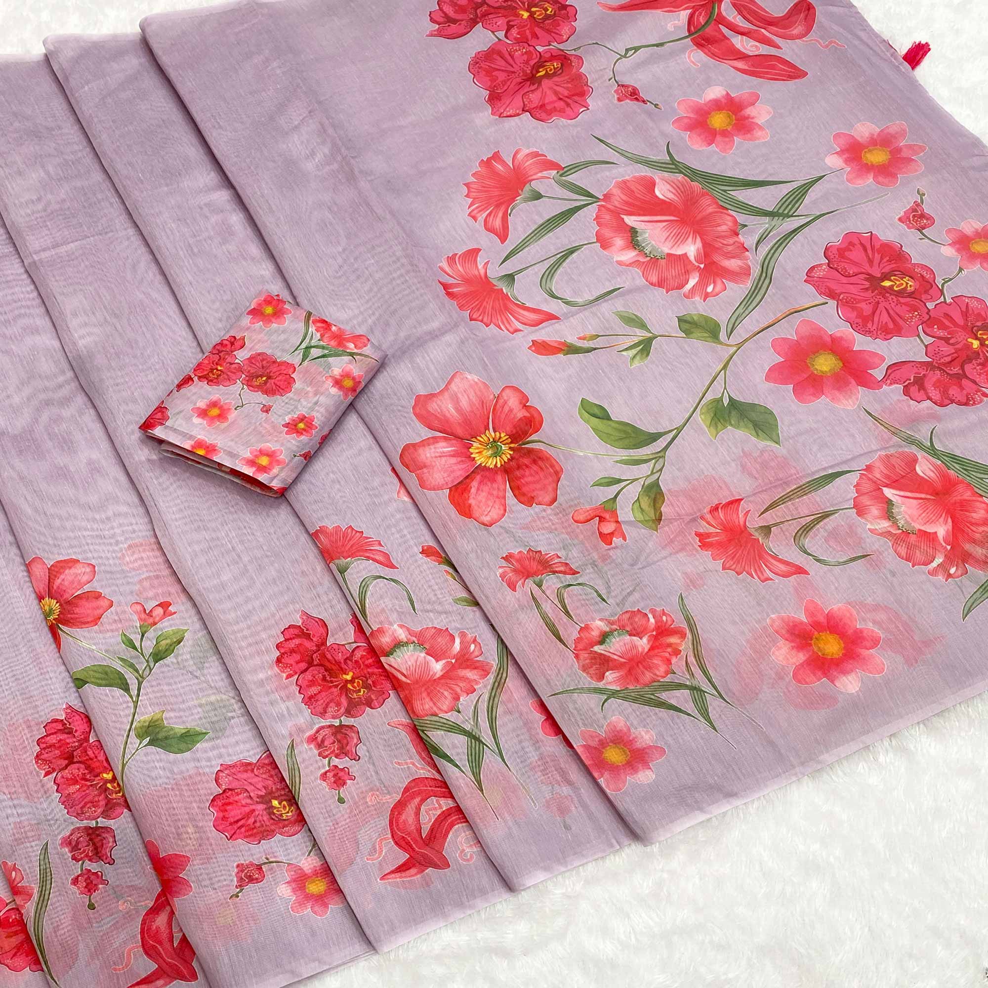 Lavender Chanderi Cotton Saree Featuring Digital Floral Prints & Decorative Tassel Pallu