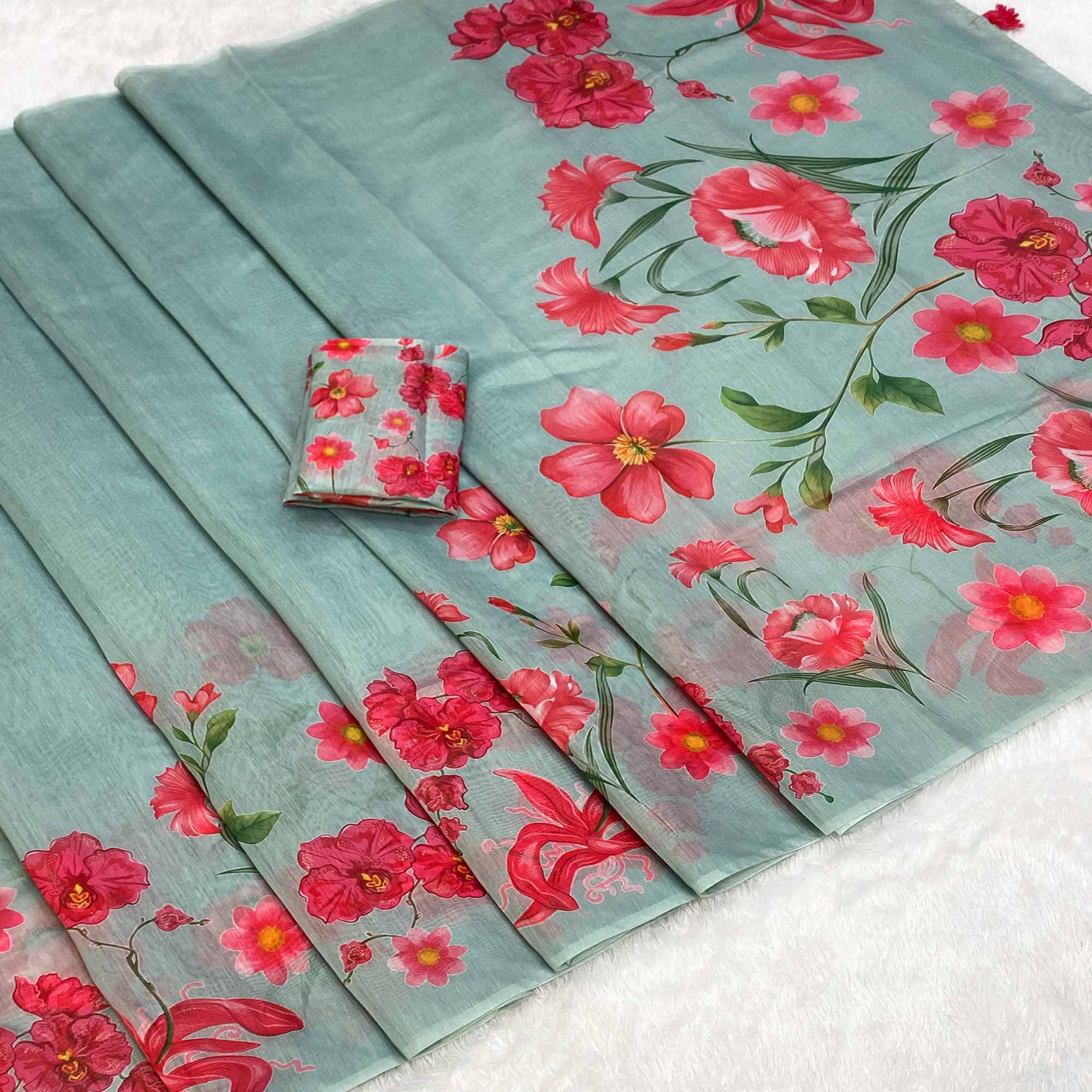 Sea Green Chanderi Cotton Saree Featuring Digital Floral Prints & Decorative Tassel Pallu