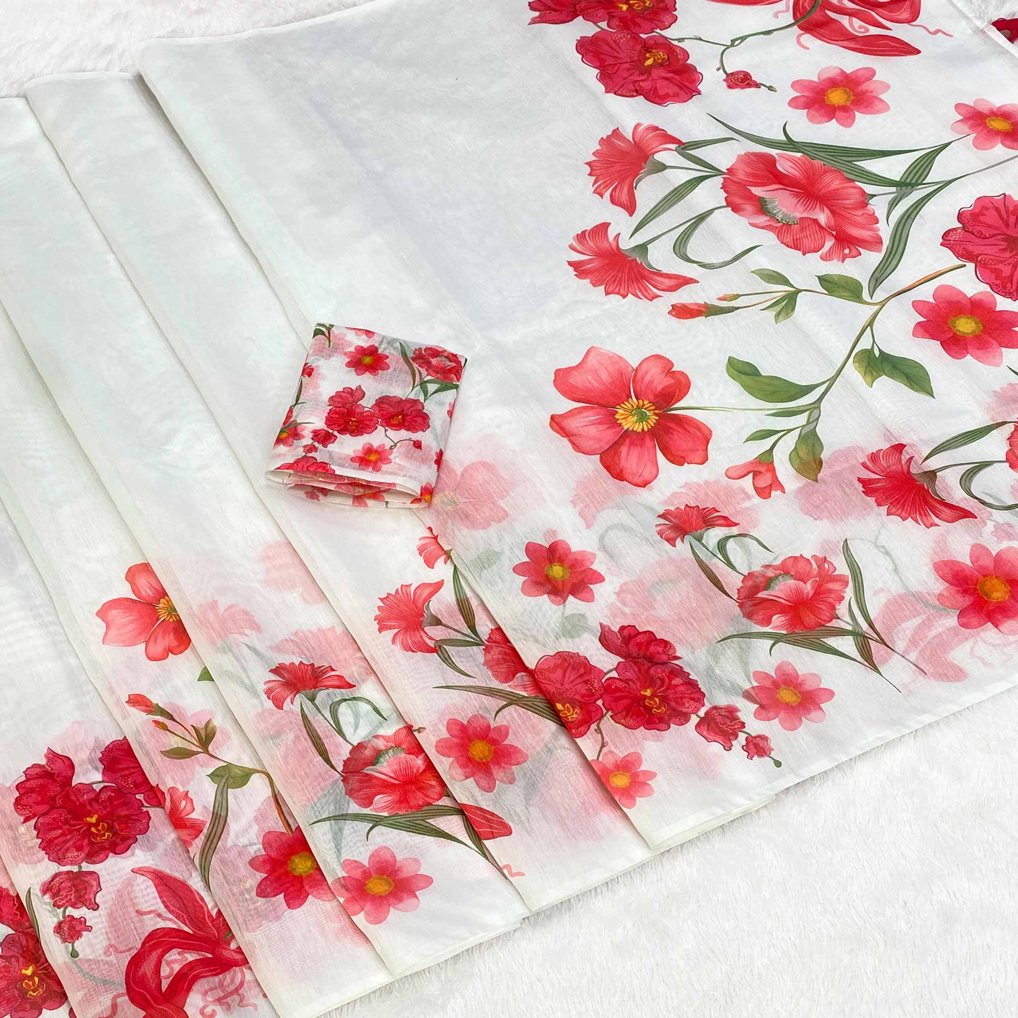 White Chanderi Cotton Saree Featuring Digital Floral Prints & Decorative Tassel Pallu