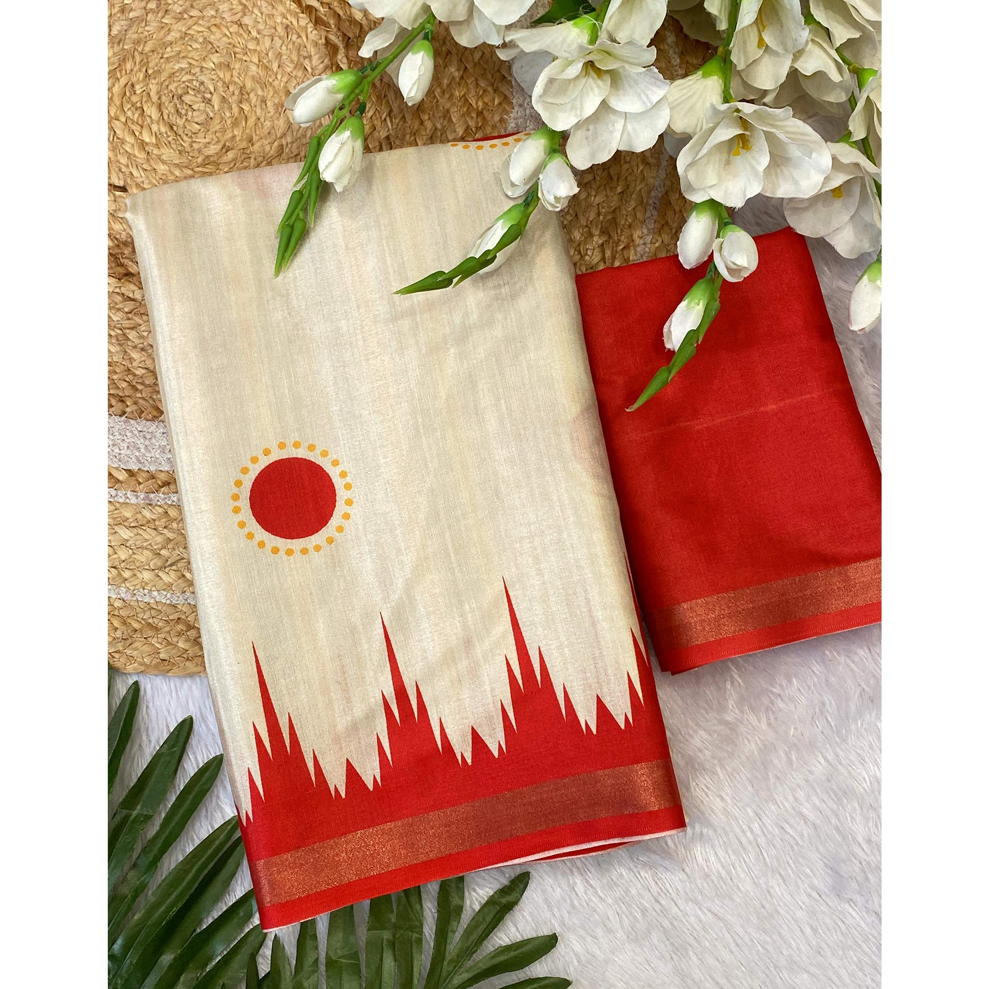 Radiant Offwhite & Red Durga Maa Digital Printed Saree With Sacred Motifs & Contrast Border