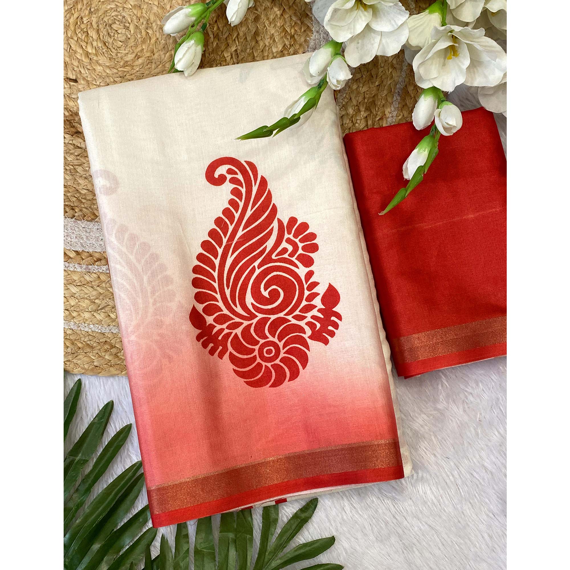 Stunning Offwhite & Red Durga Maa Digital Printed Saree With Sacred Motifs & Contrast Border
