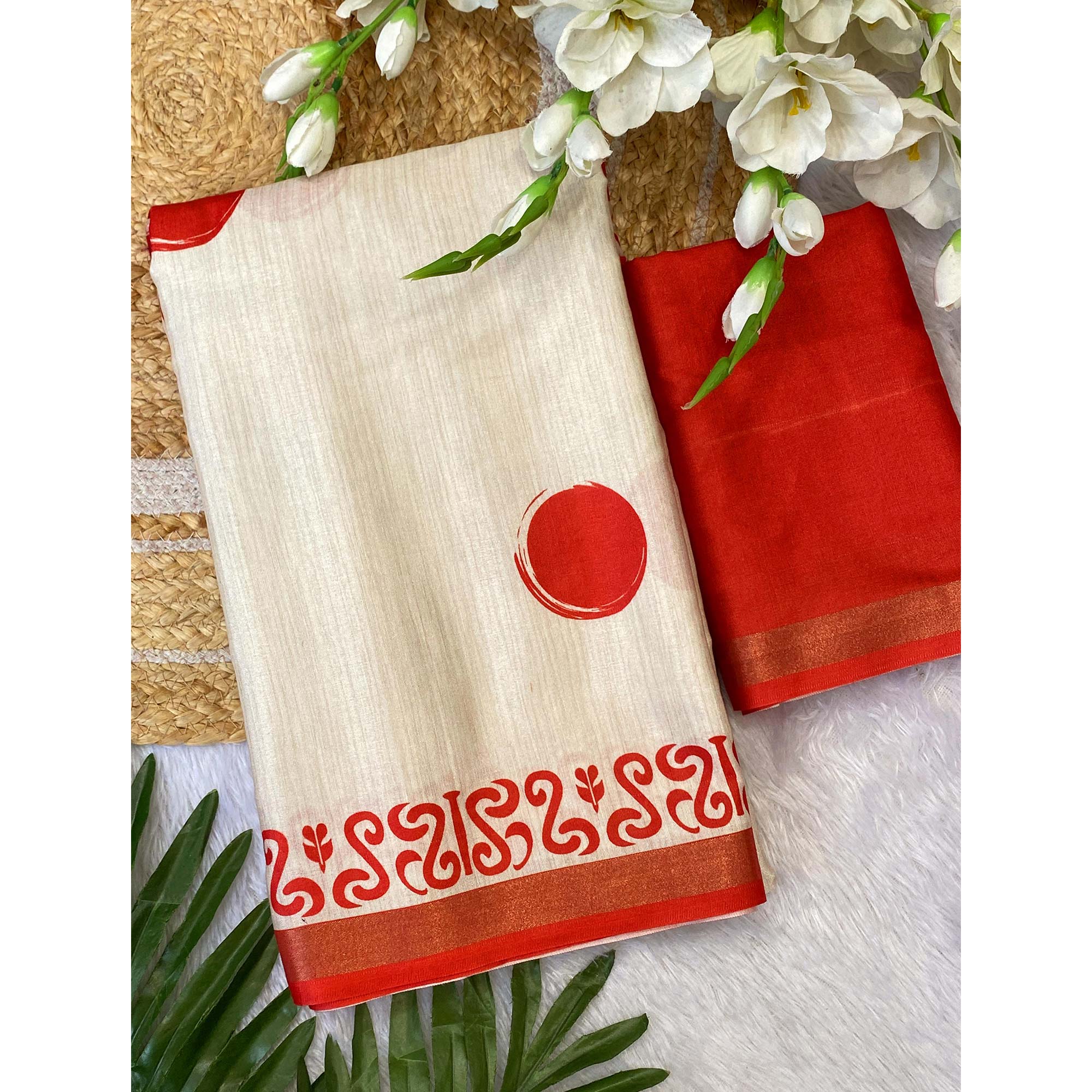 Classic Offwhite & Red Durga Maa Digital Printed Saree With Sacred Motifs & Contrast Border