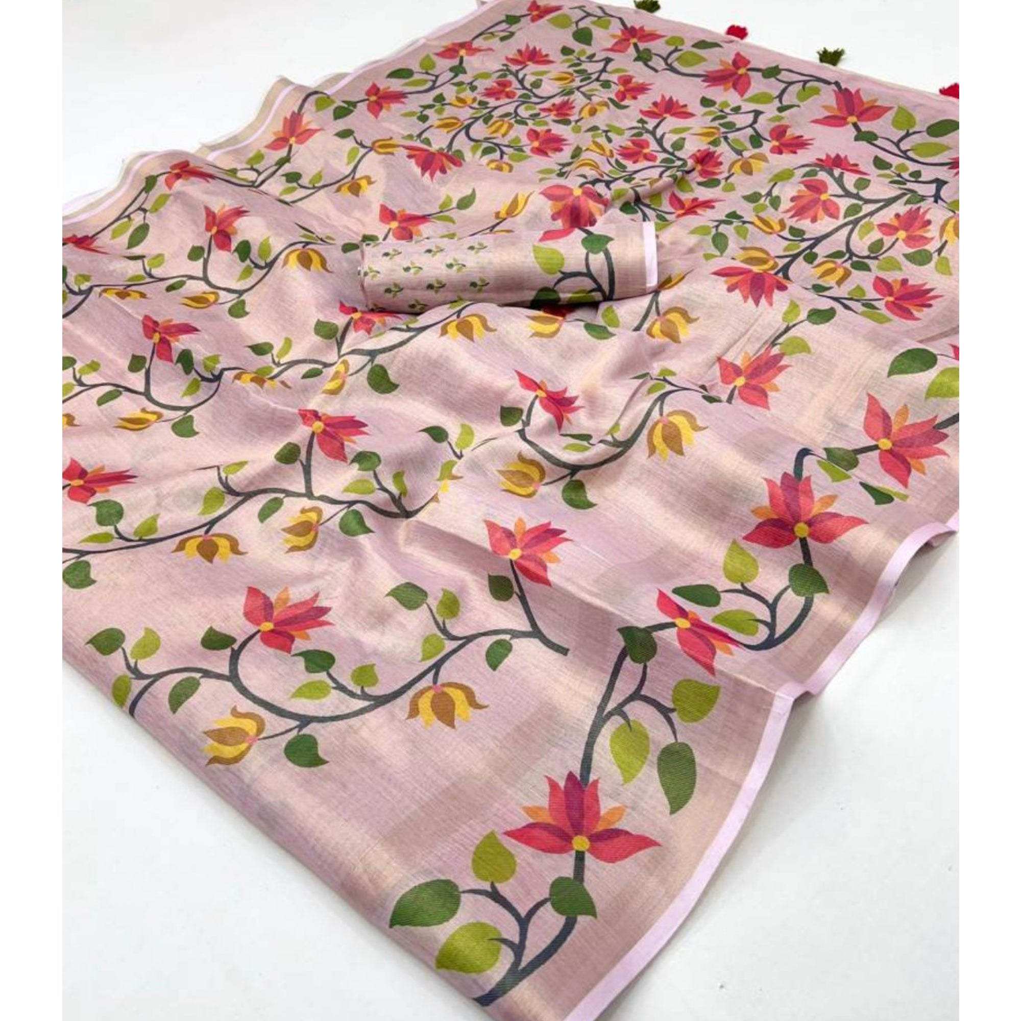 Pink Floral Printed Tissue Cotton Silk Saree Enhanced with a Classic Zari Weaving Border