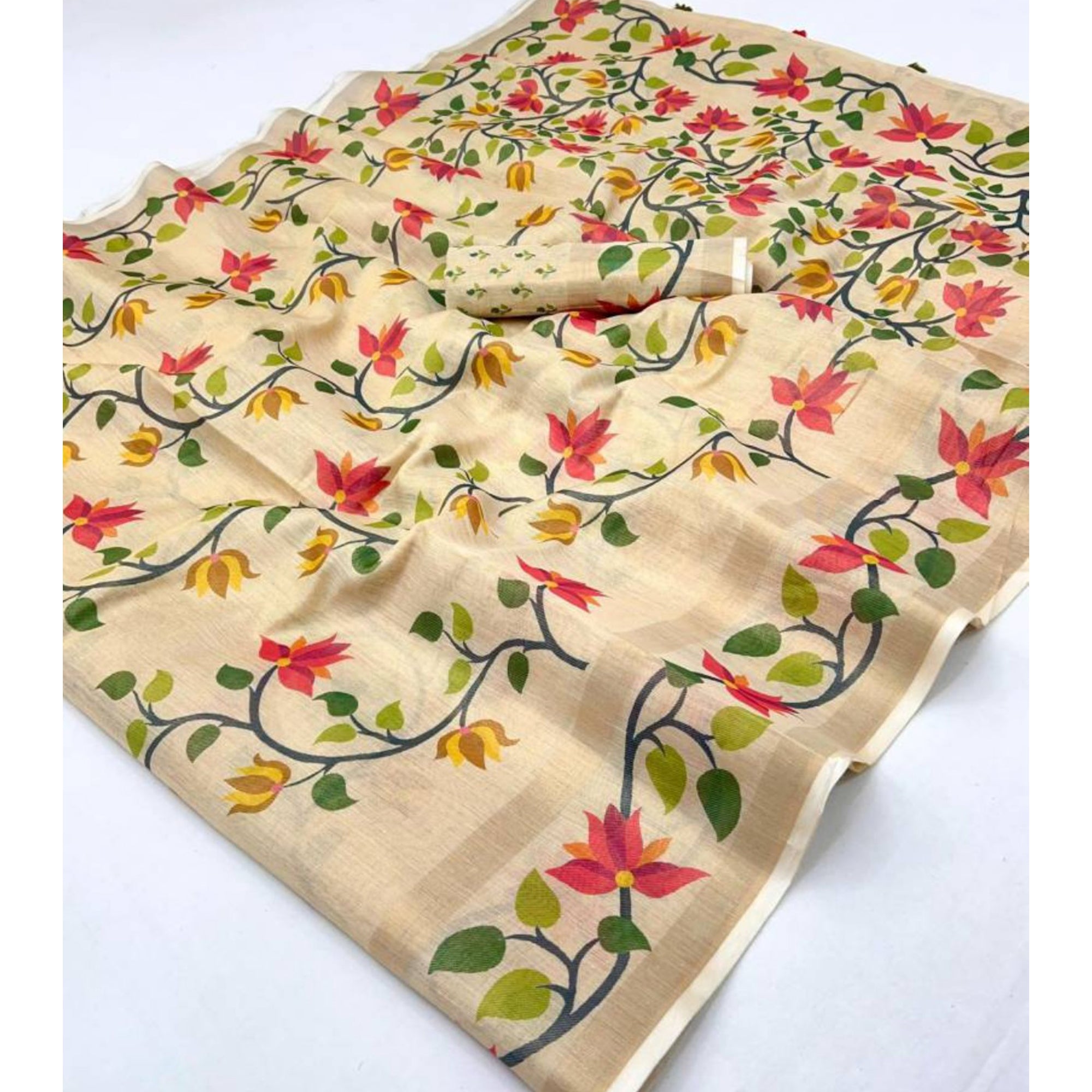 Beige Floral Printed Tissue Cotton Silk Saree Enhanced with a Classic Zari Weaving Border