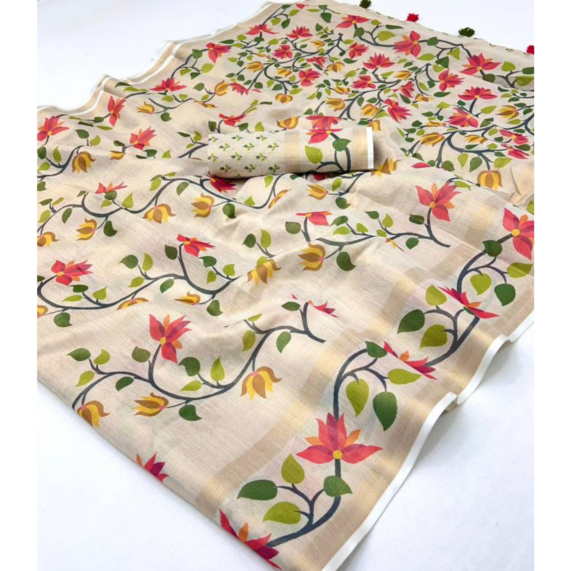 Grey Floral Printed Tissue Cotton Silk Saree Enhanced with a Classic Zari Weaving Border