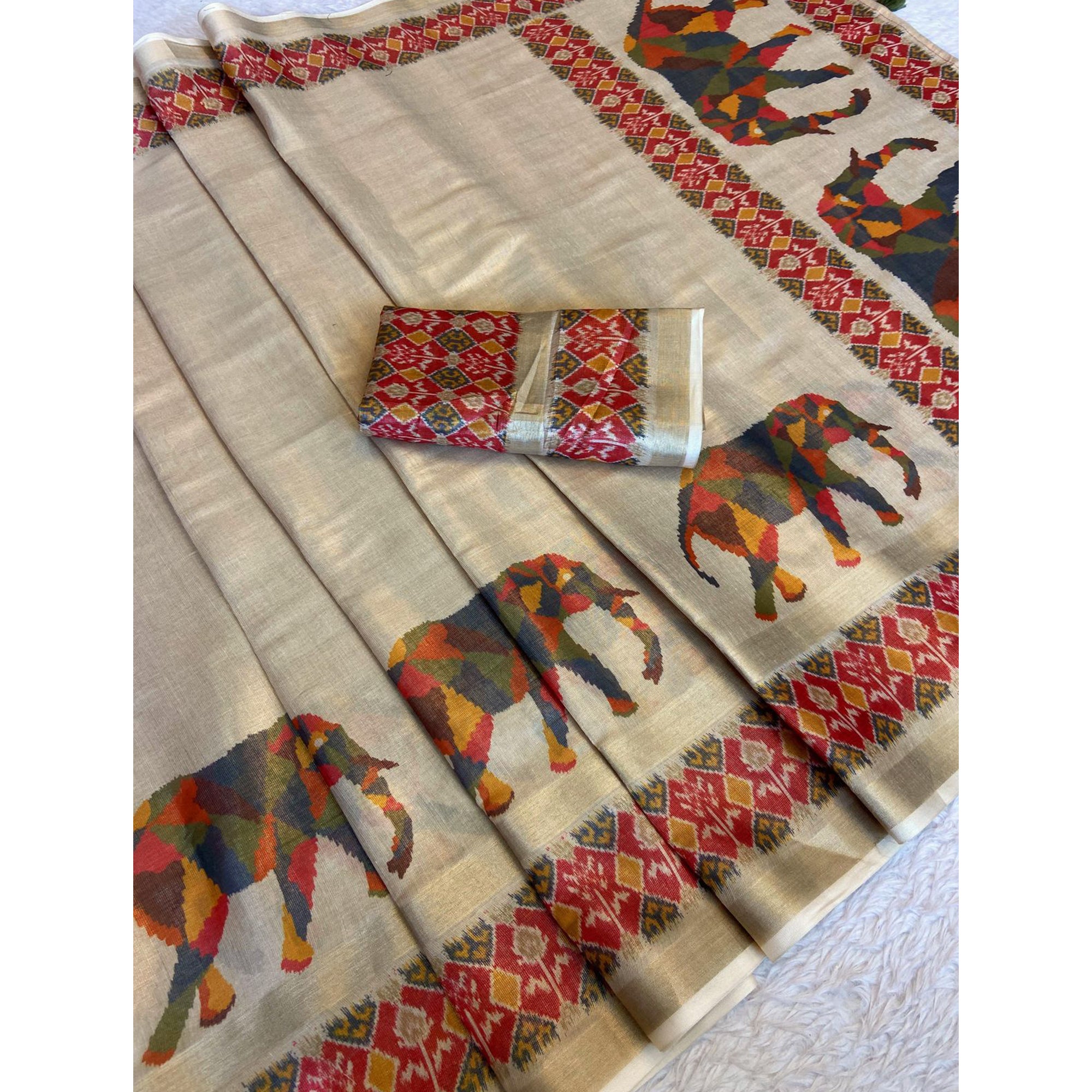 Beige Digital Print Saree in Premium Tissue Cotton Silk for Festive & Elegant Styling