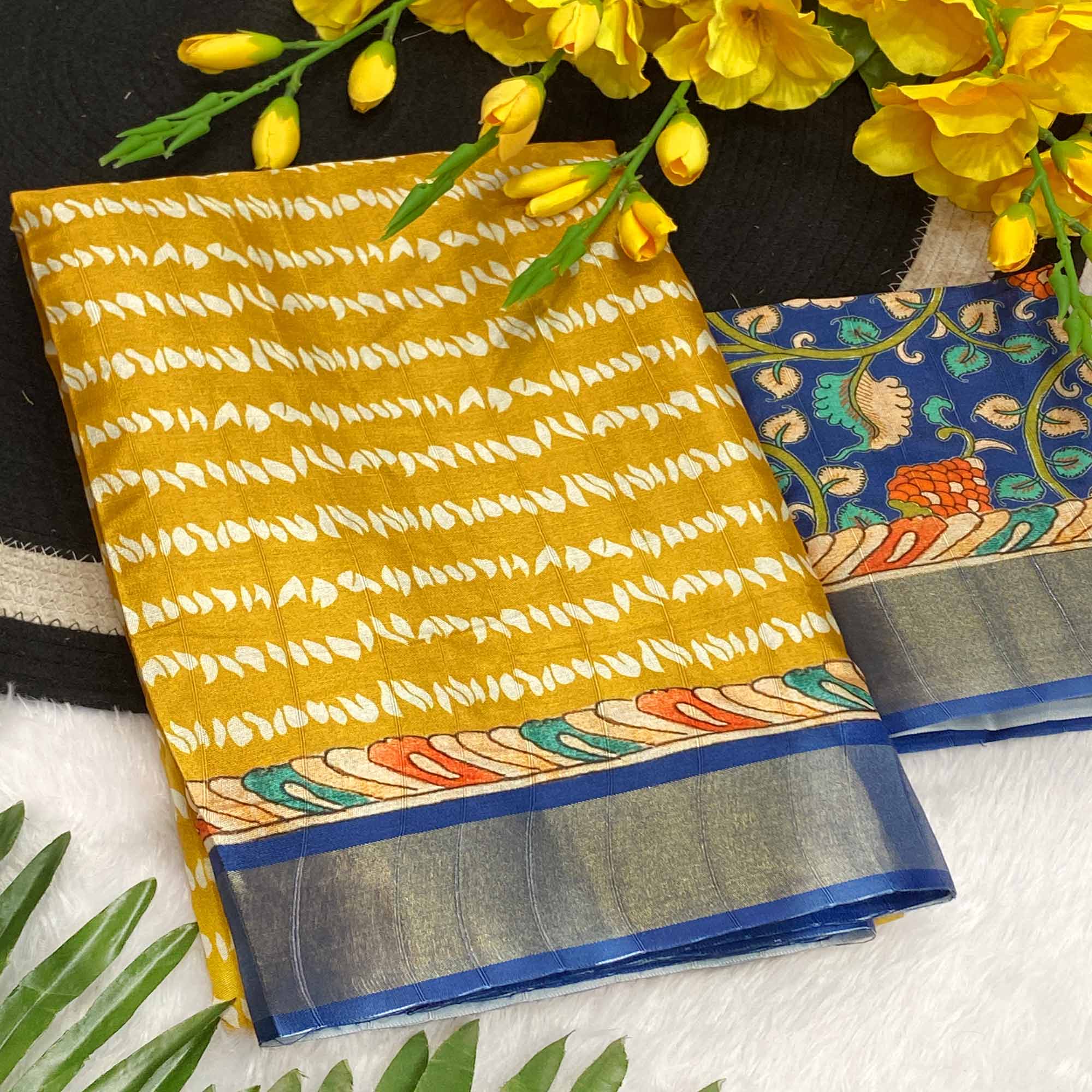 Mustard Tusser Art Silk Saree Embellished With Peacock Print & Zari Border Work