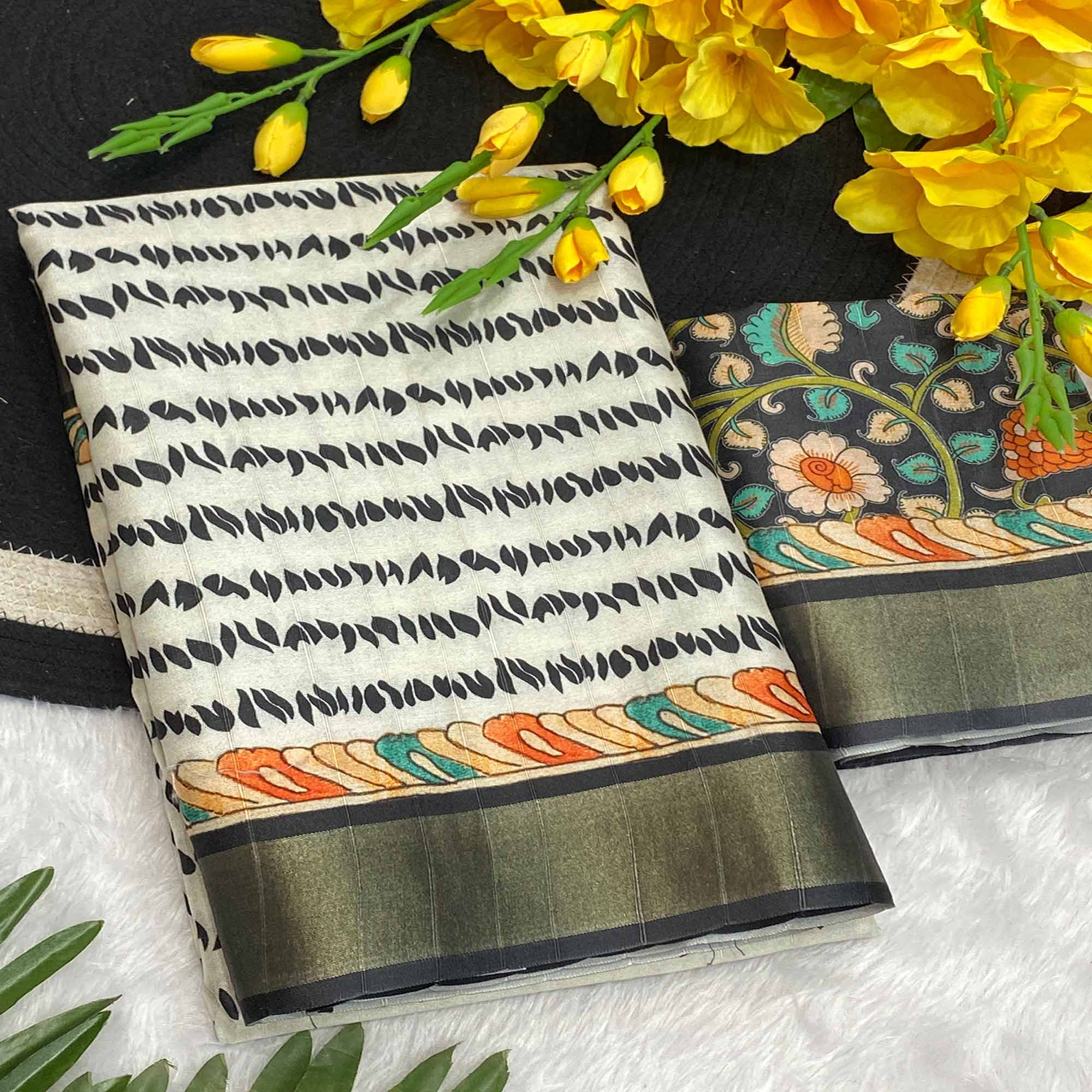 White Tusser Art Silk Saree Embellished With Peacock Print & Zari Border Work