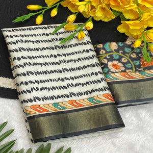 White Tusser Art Silk Saree Embellished With Peacock Print & Zari Border Work
