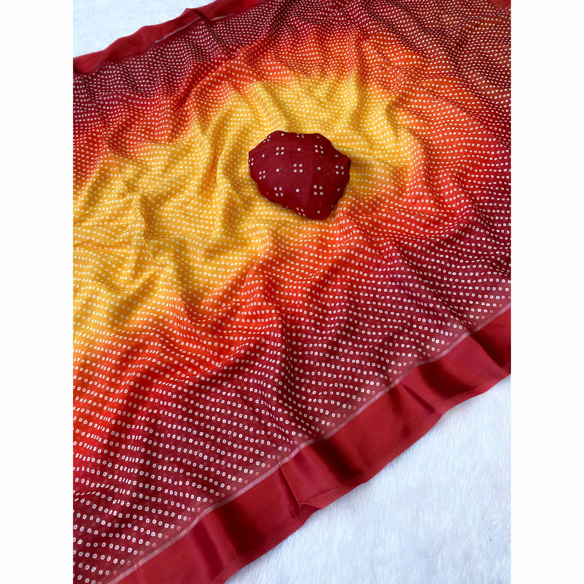 Designer Bandhani Saree in Yellow & Red Crafted from Soft Moss Georgette