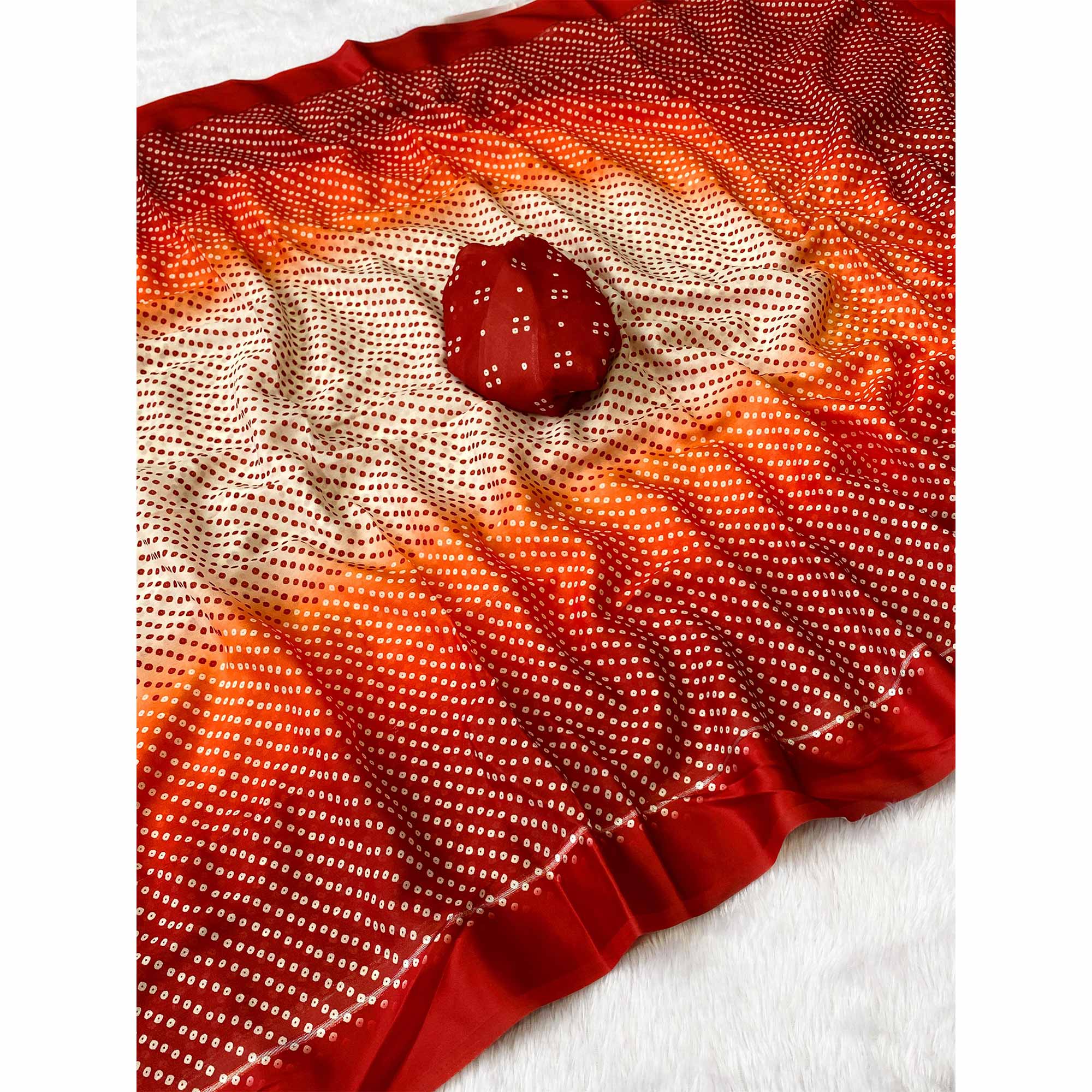 Designer Bandhani Saree in Off White & Red Crafted from Soft Moss Georgette