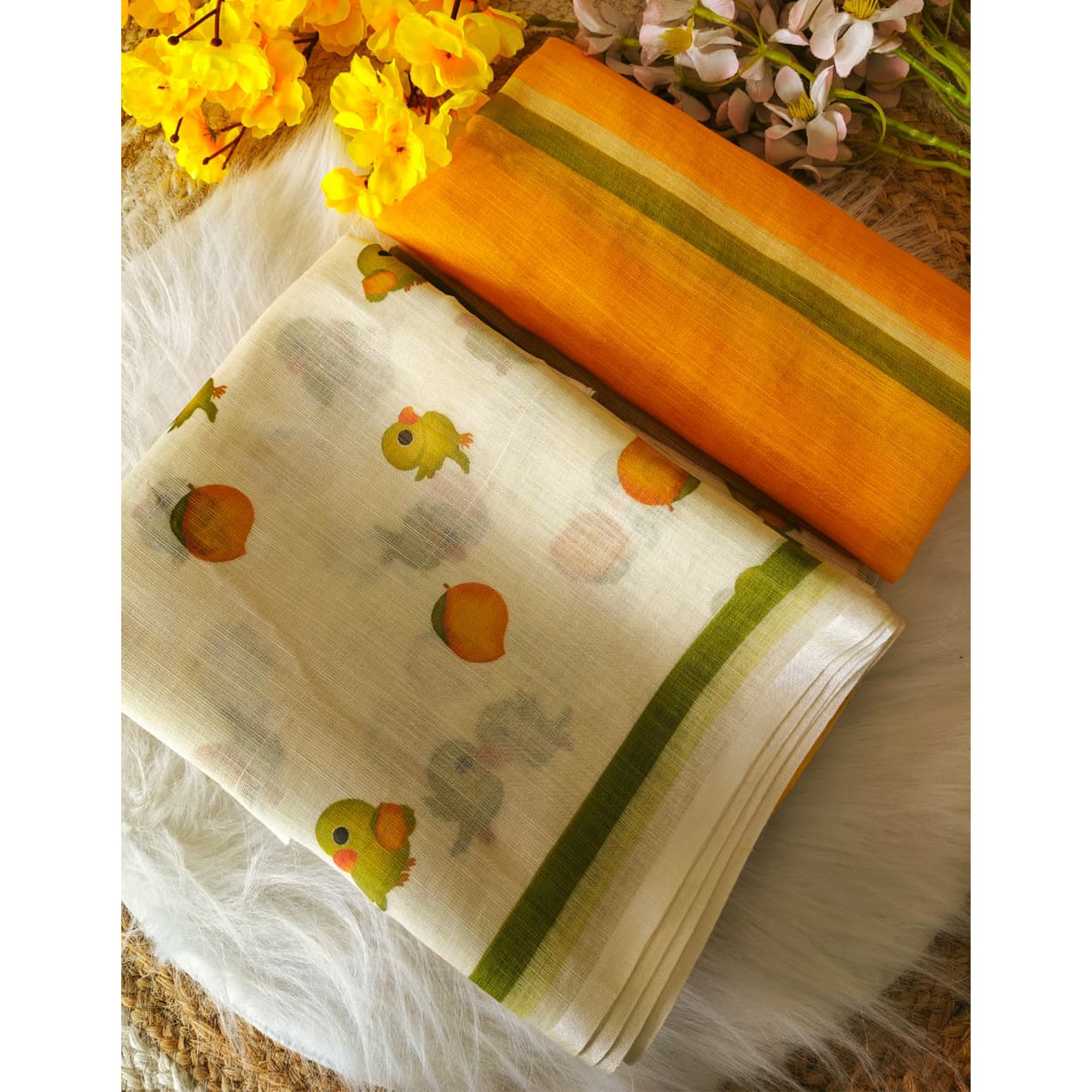 Minimalist Off White Linen Cotton Saree with Elegant Printed Patterns