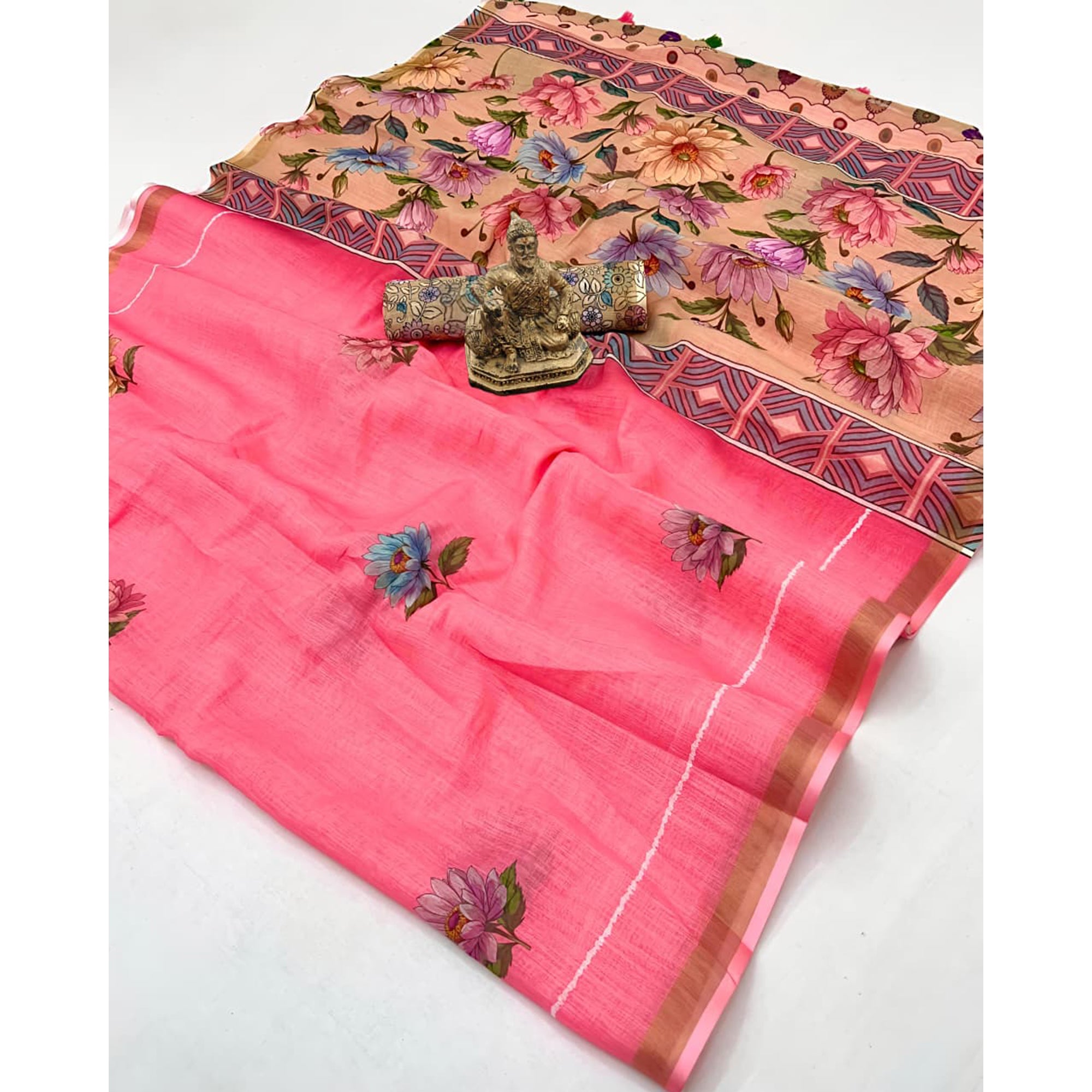 Elegant Pink Floral Digital Printed Linen Cotton Saree With Woven Border & Tassel Pallu