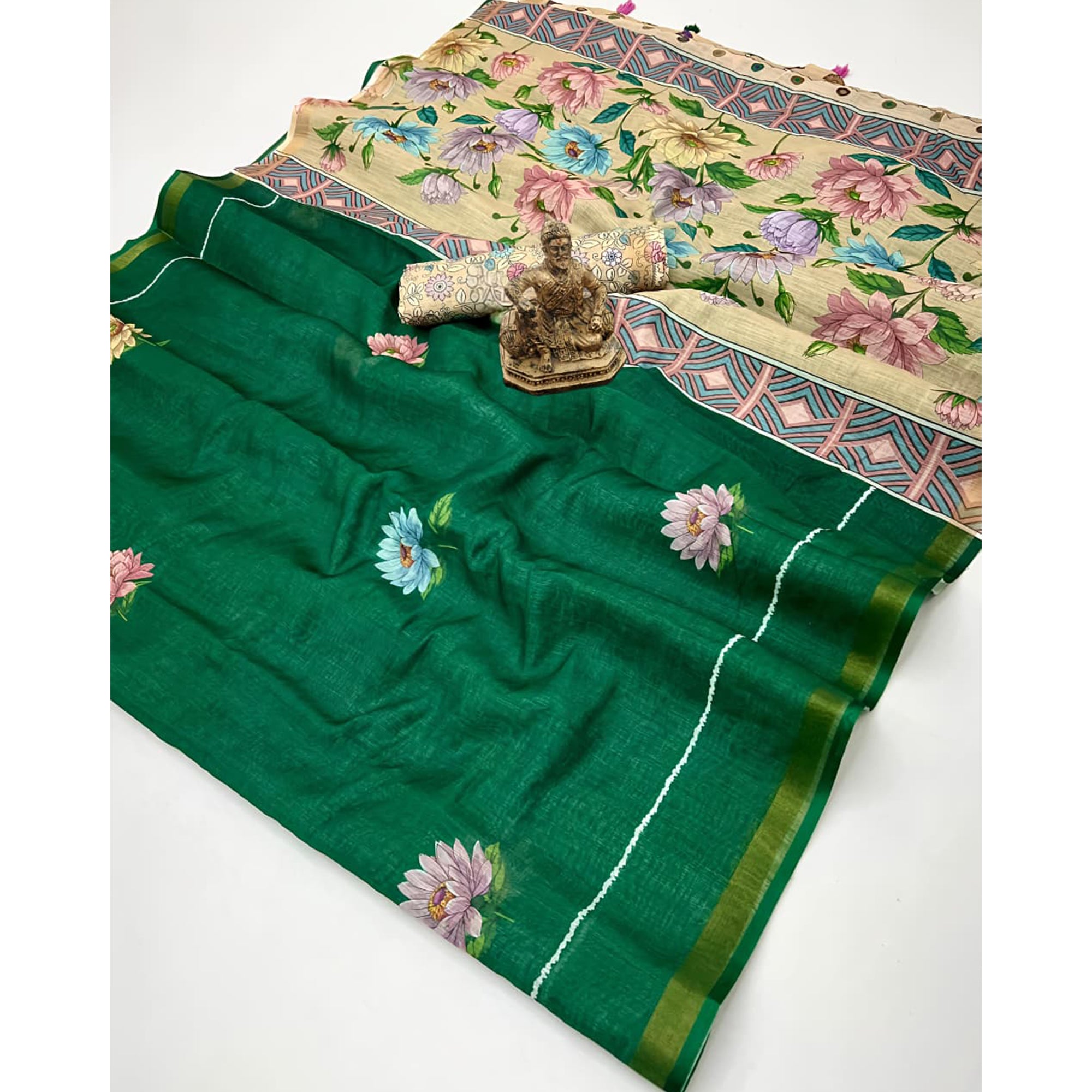 Elegant Green Floral Digital Printed Linen Cotton Saree With Woven Border & Tassel Pallu