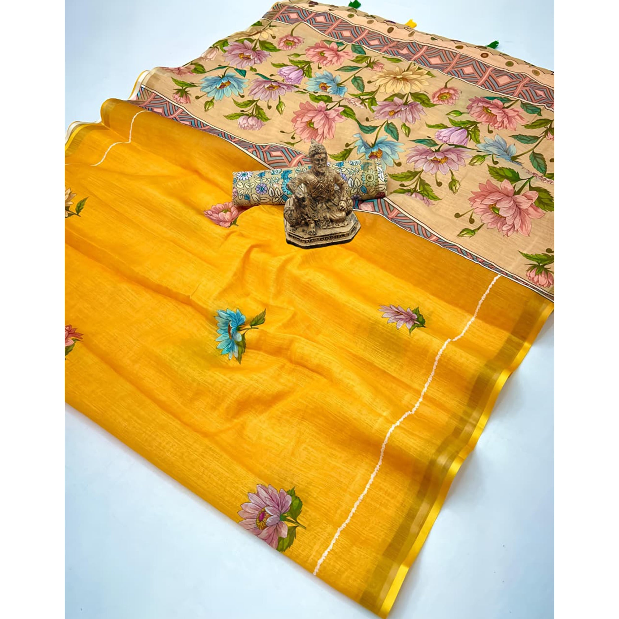 Elegant Mustard Floral Digital Printed Linen Cotton Saree With Woven Border & Tassel Pallu