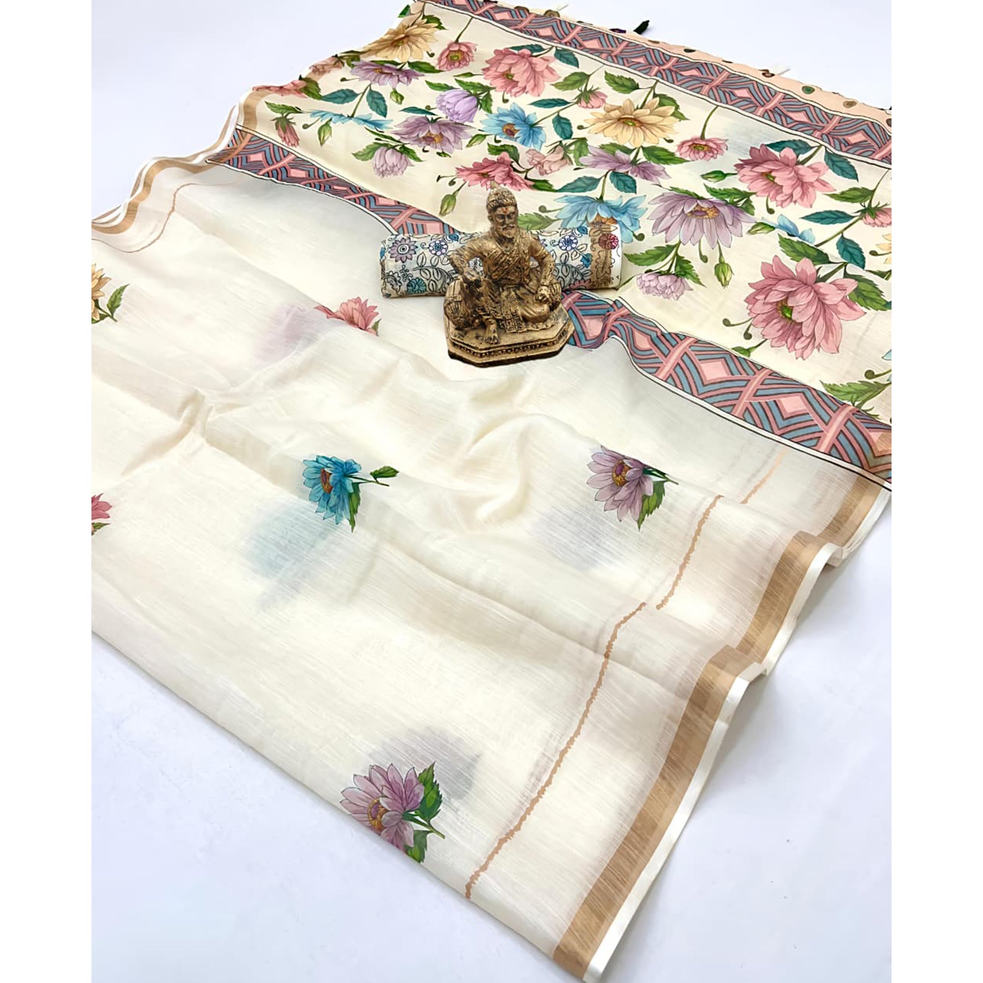 Elegant Cream Floral Digital Printed Linen Cotton Saree With Woven Border & Tassel Pallu