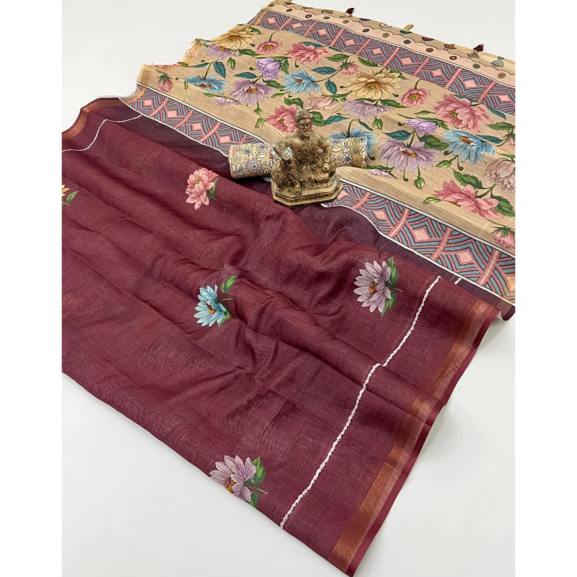 Elegant Brown Floral Digital Printed Linen Cotton Saree With Woven Border & Tassel Pallu