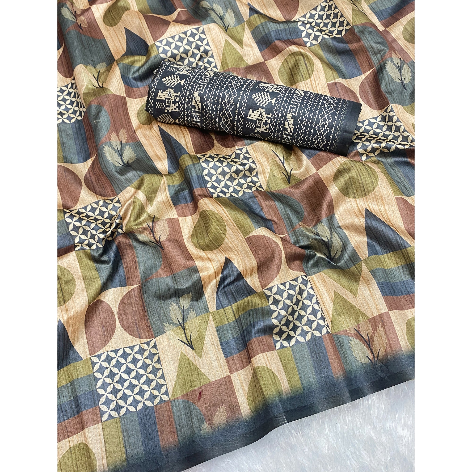 Beige Tussar Silk Blend Saree Featuring Modern Geometric Prints for a Festive Look