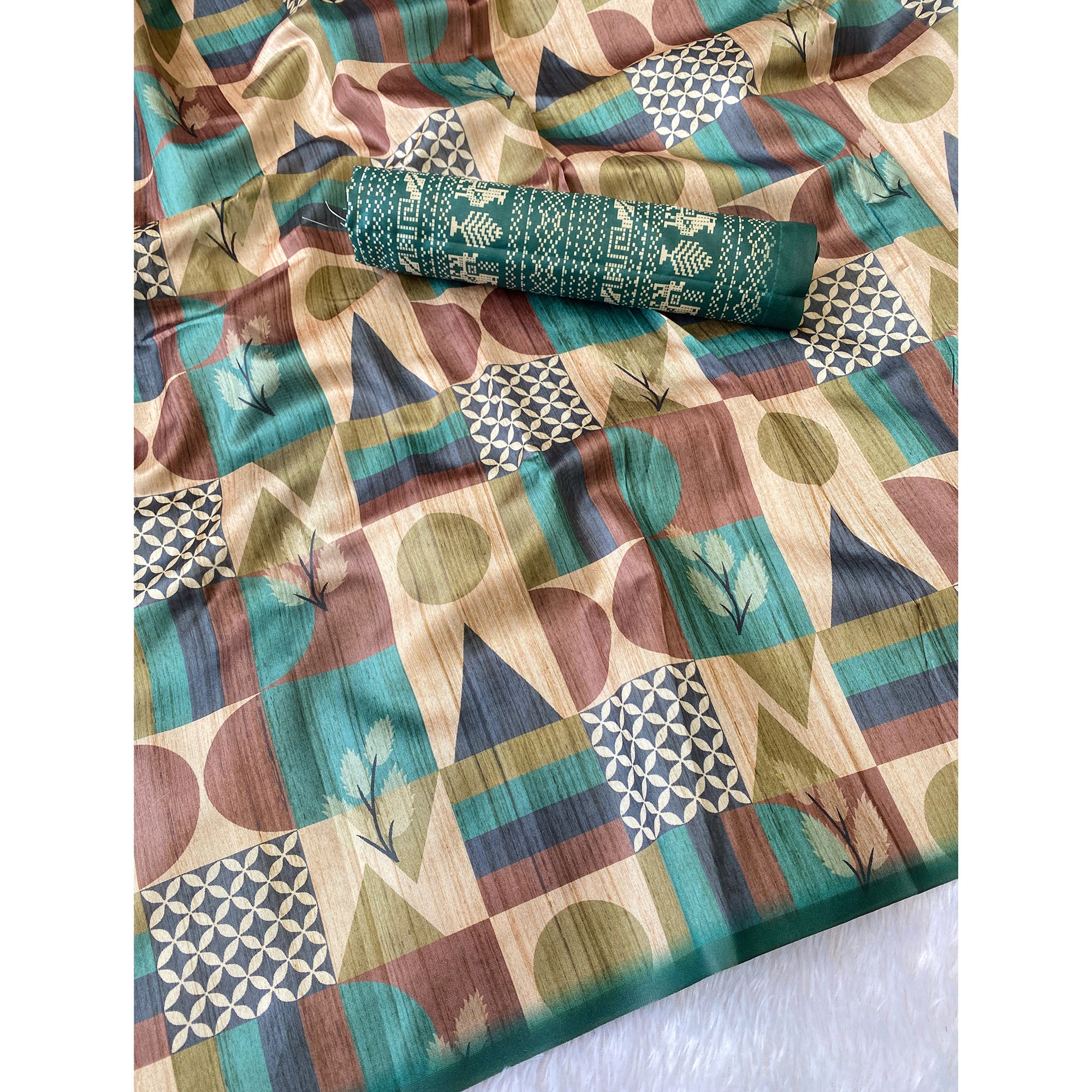 Beige Festive Tussar Silk Blend Saree Showcasing Stylish Geometric Print Detailing