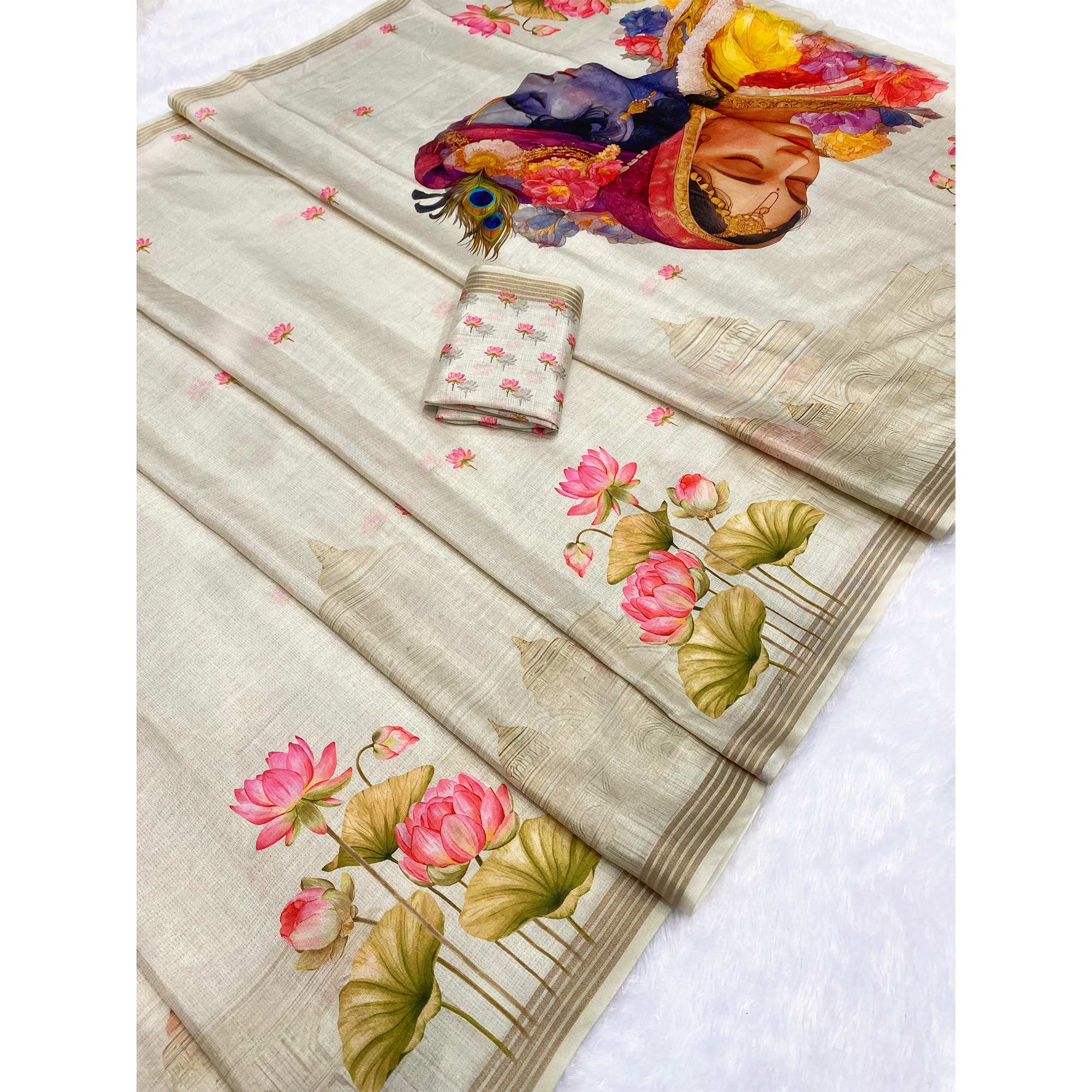 Cream Cotton Blend Tusser Saree Adorned With Radha Krishna & Floral Print With Zari Border