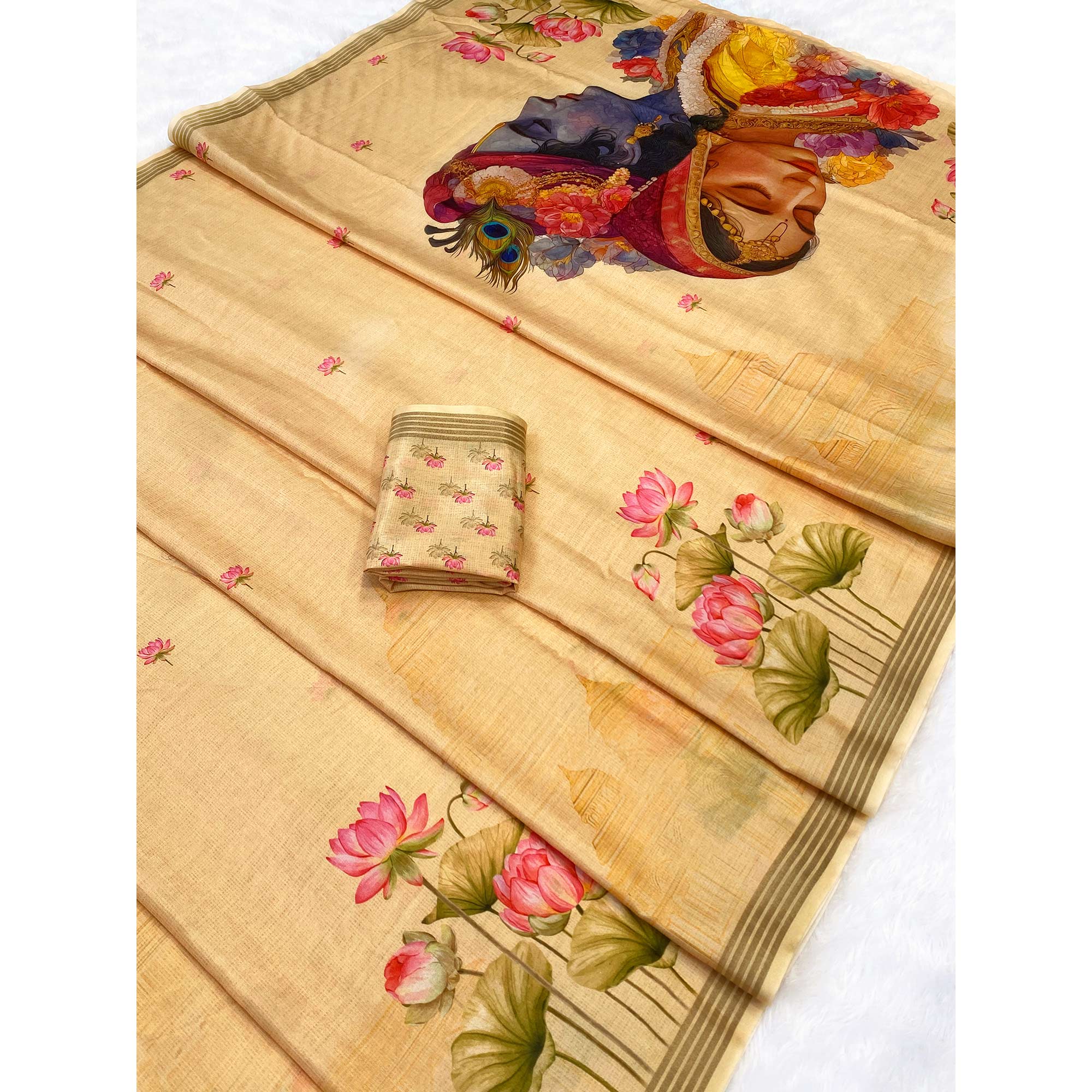 Mellow Yellow Cotton Blend Tusser Saree Adorned With Radha Krishna & Floral Print With Zari Border