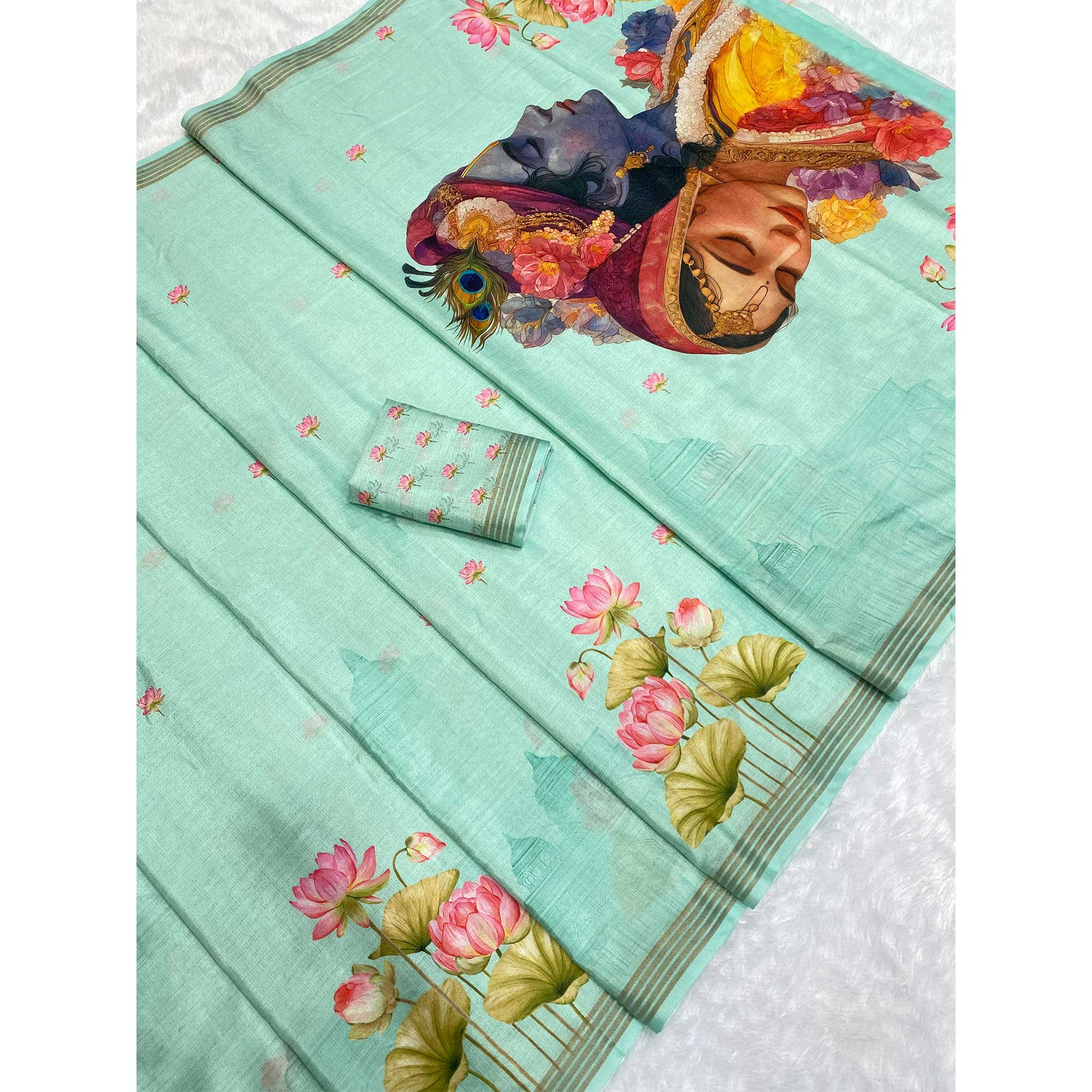 Turquoise Cotton Blend Tusser Saree Adorned With Radha Krishna & Floral Print With Zari Border