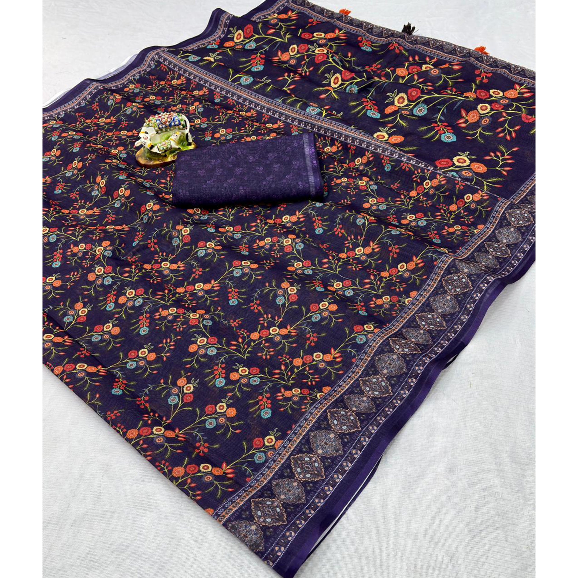Luxurious Purple Floral Printed Linen Cotton Saree with Decorative Fancy Latkan Pallu