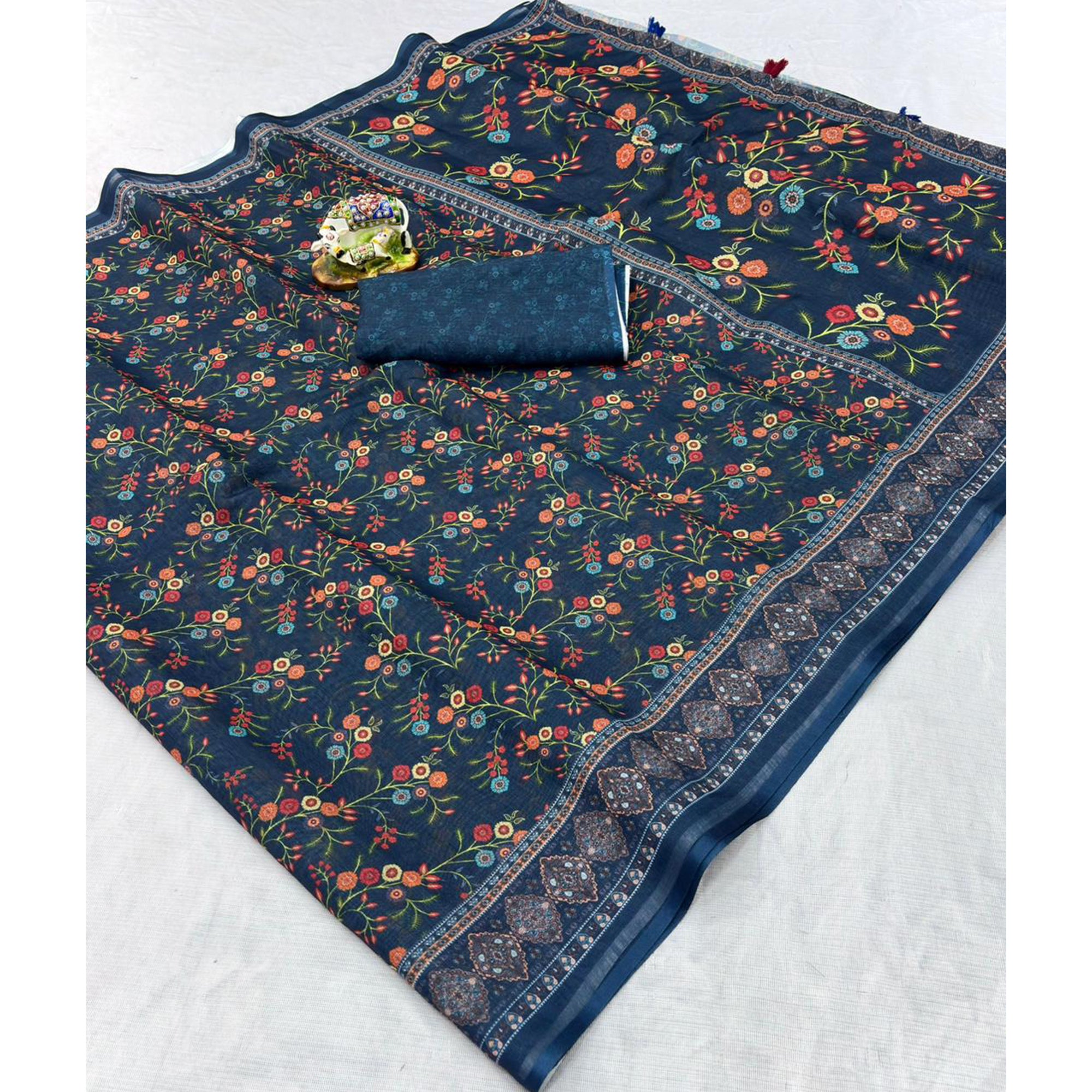 Luxurious Dark Blue Floral Printed Linen Cotton Saree with Decorative Fancy Latkan Pallu