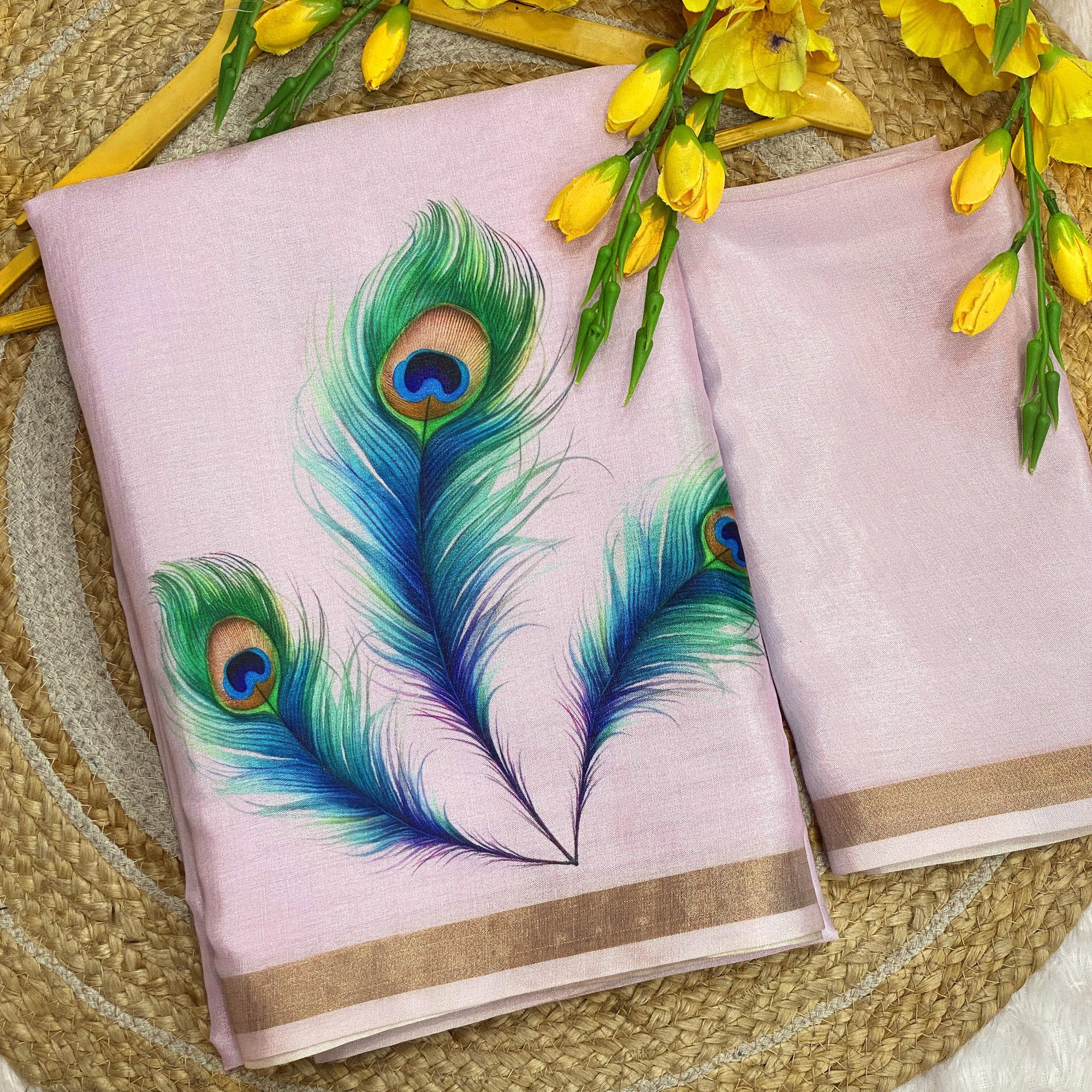 Charming Lavender Soft Tussar Cotton Silk Saree With Peacock Feathers Print