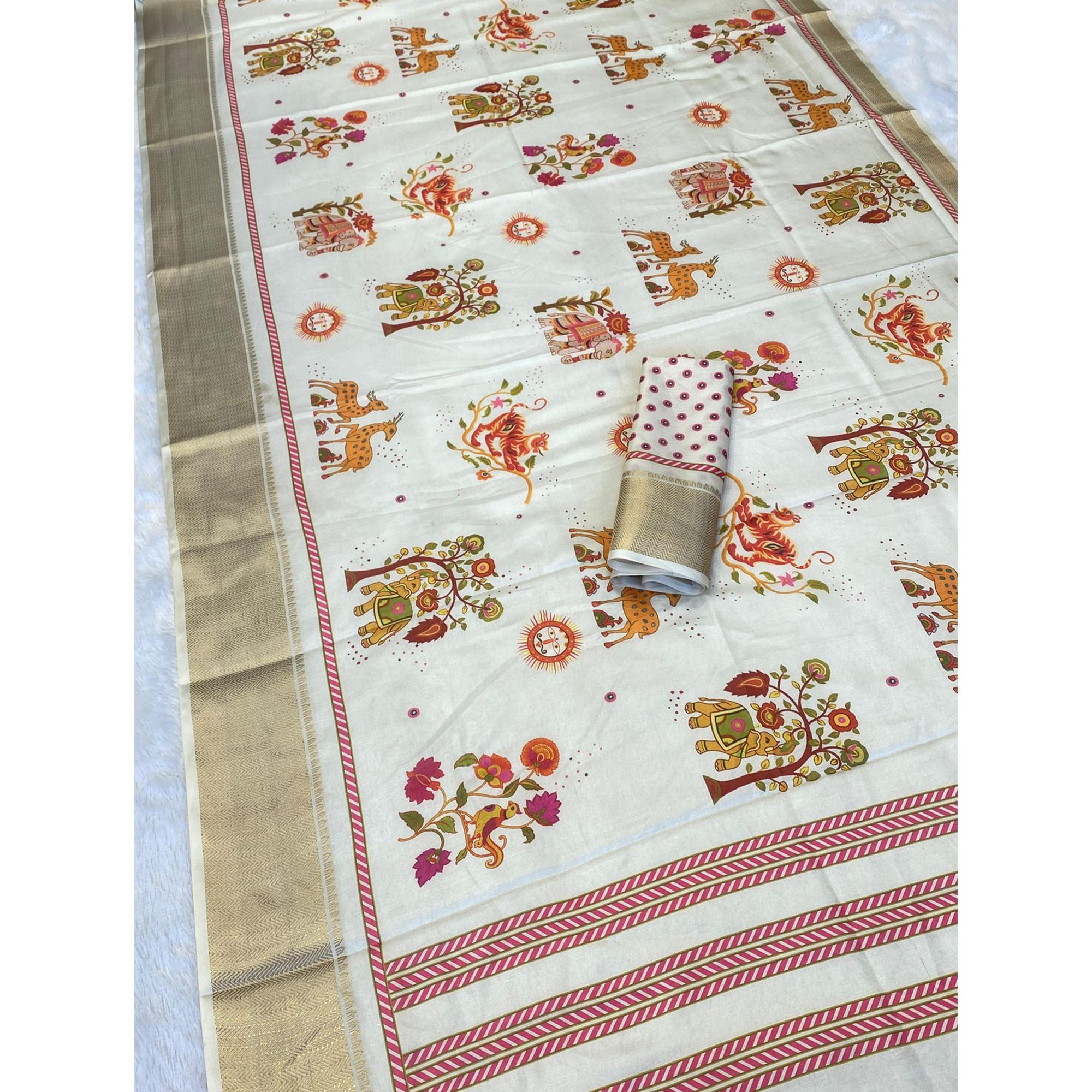 Cream Traditional Printed Dola Silk Saree Accented with Rich Zari Weaving