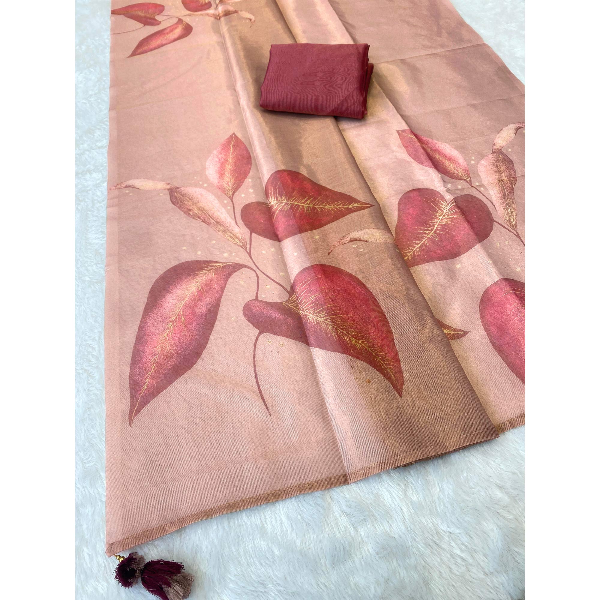 Sophisticated Light Mauve Floral Digital Print Tissue Saree Enhanced With Handmade Tassels