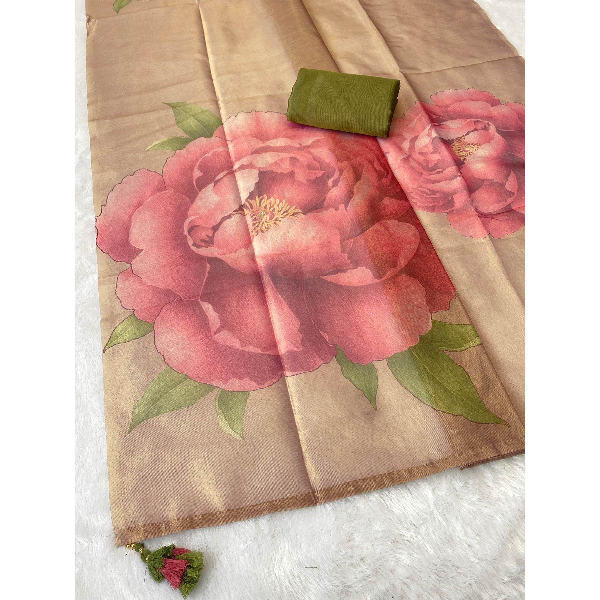 Sophisticated Golden Floral Digital Print Tissue Saree Enhanced With Handmade Tassels