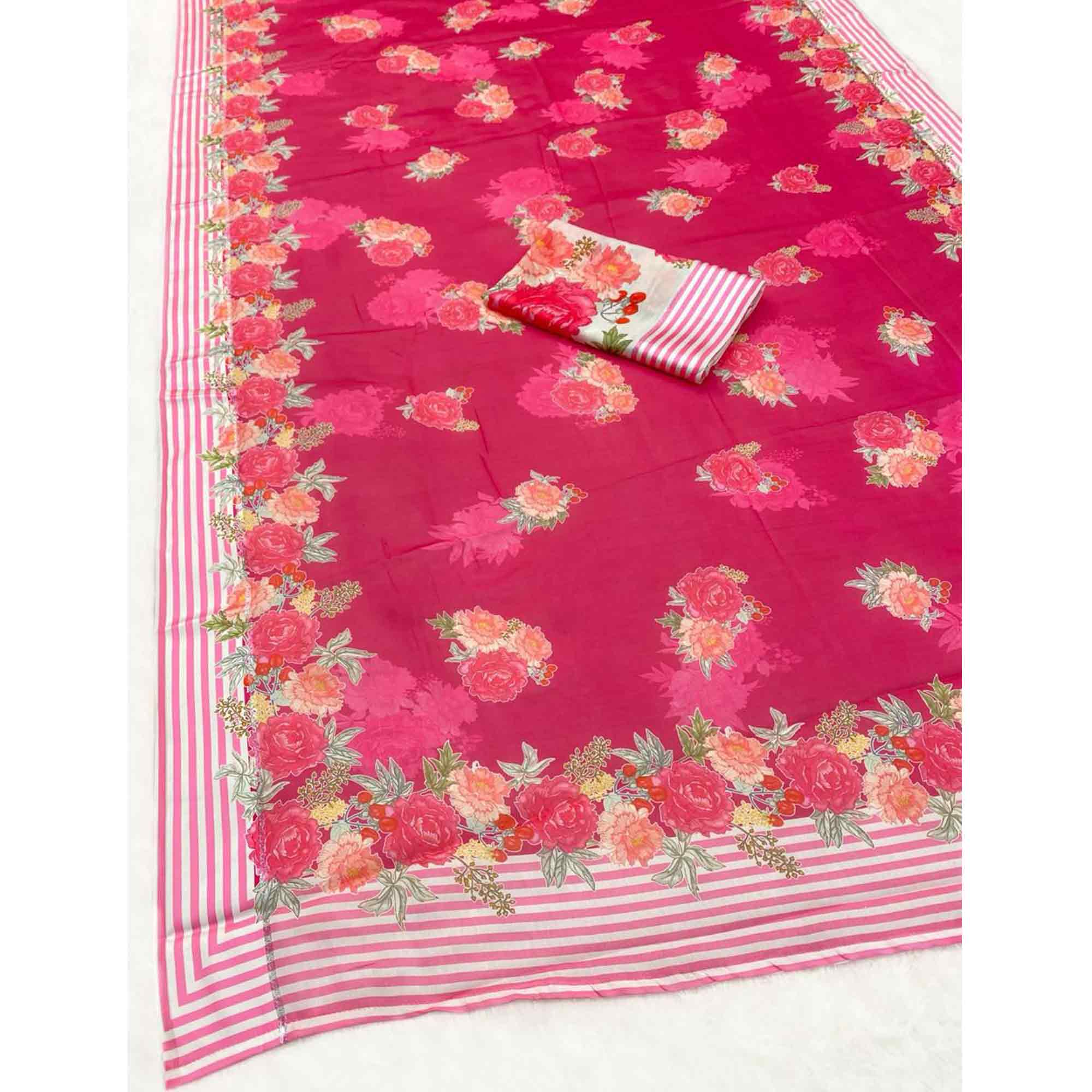 Vibrant Rani Pink Georgette Saree Adorned with Floral Digital Print & Satin Border