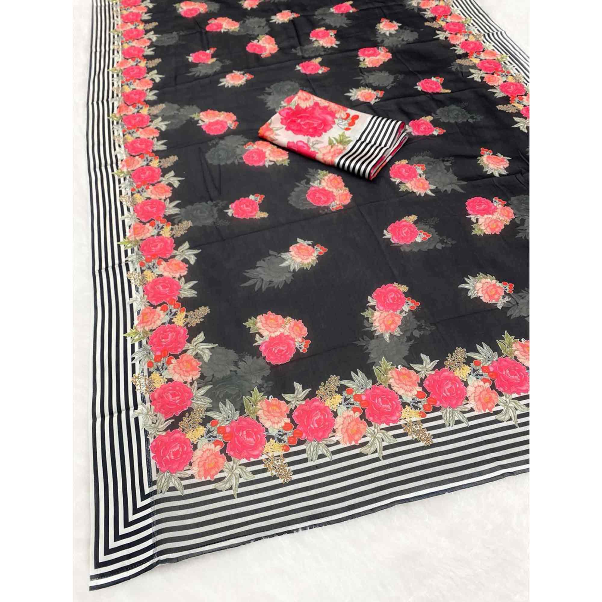 Vibrant Black Georgette Saree Adorned with Floral Digital Print & Satin Border