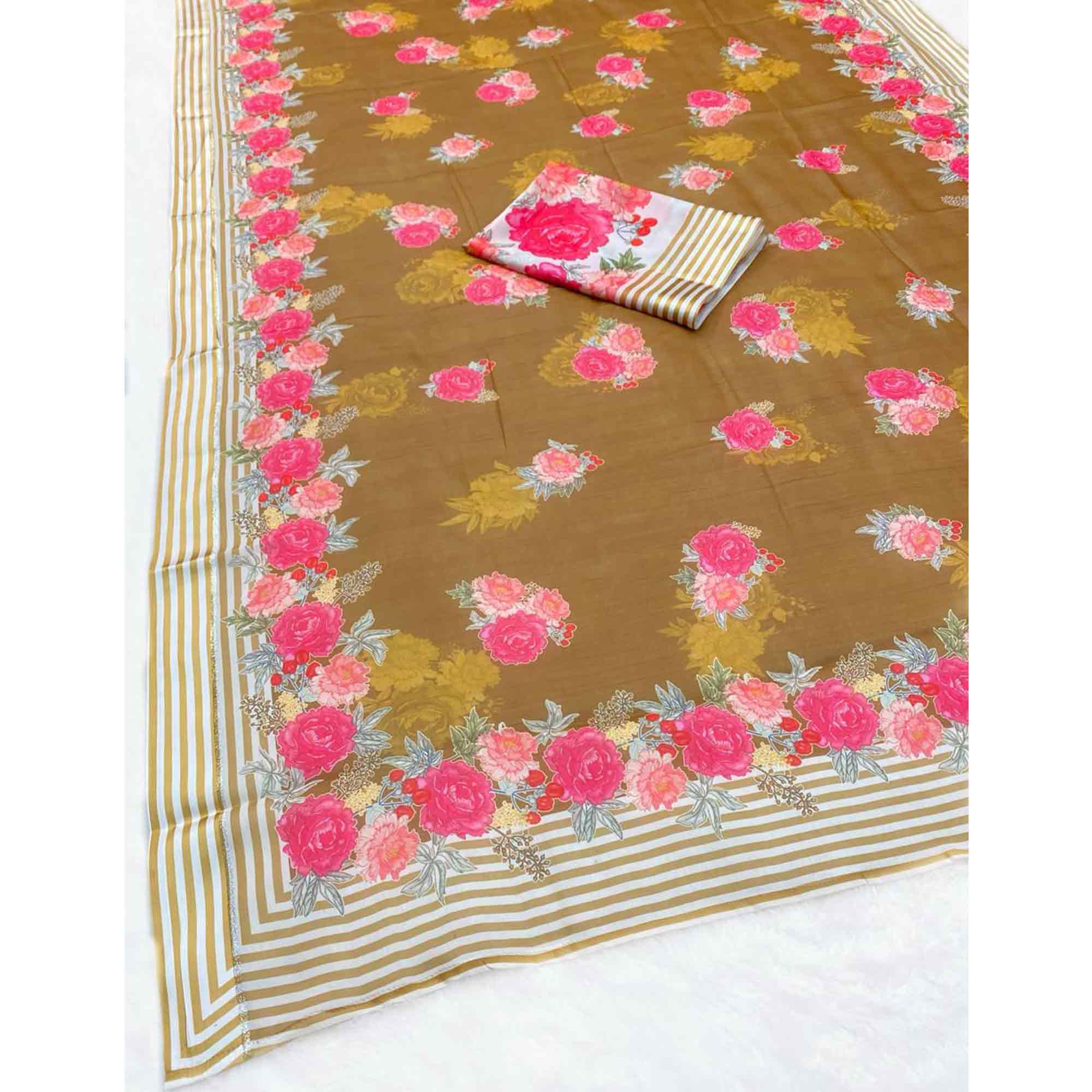 Vibrant Dark Mustard Georgette Saree Adorned with Floral Digital Print & Satin Border