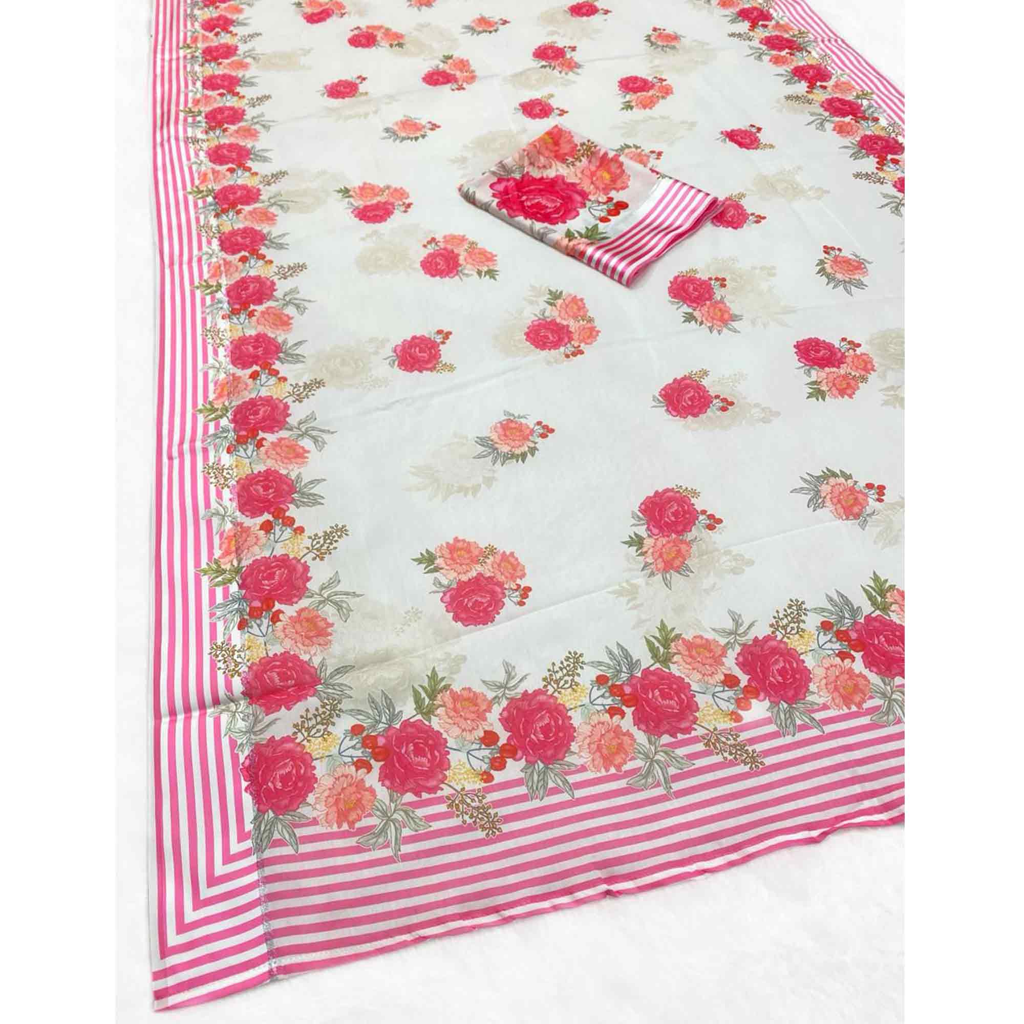 Vibrant White Georgette Saree Adorned with Floral Digital Print & Satin Border