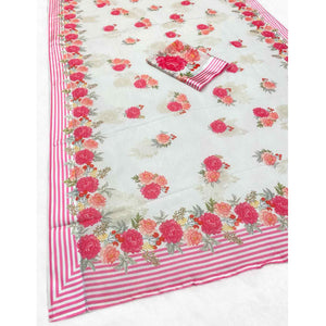 Vibrant White Georgette Saree Adorned with Floral Digital Print & Satin Border