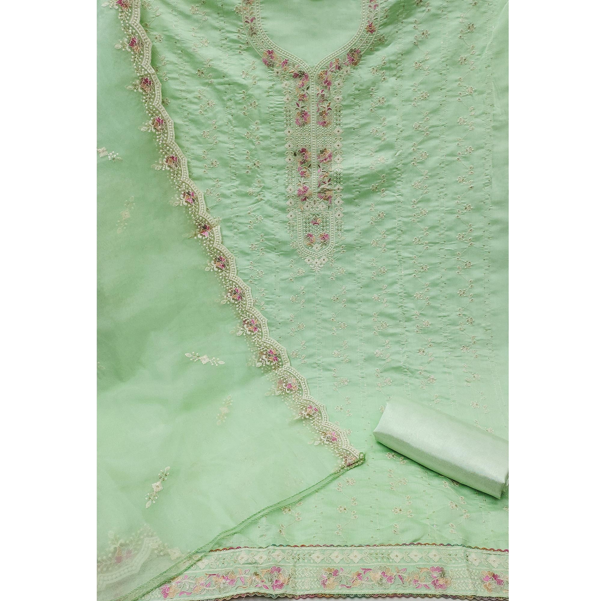 Green Embroidered Pure Cotton Dress Material